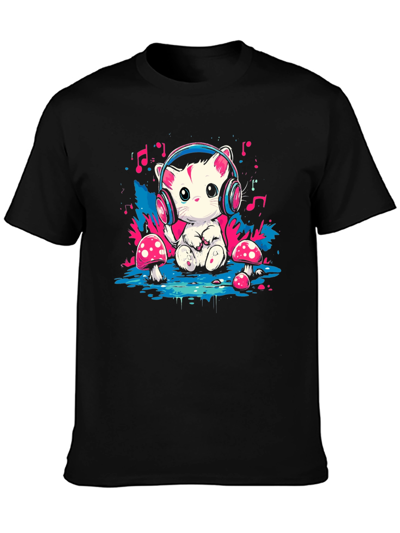 Black Cute Cat in Headphones Graphic T-Shirt view 3