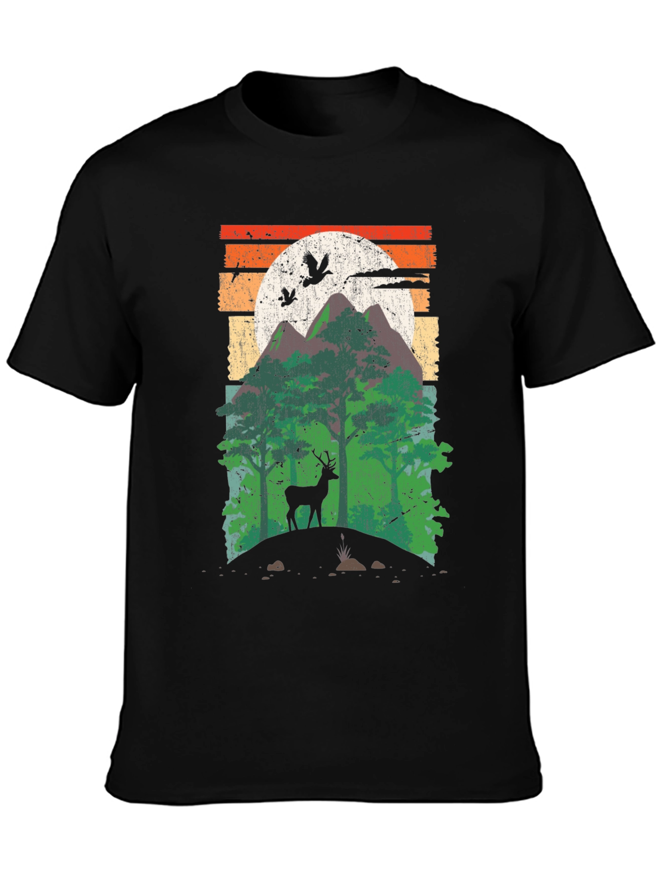 Black Retro Mountain Deer Graphic T-Shirt view 3