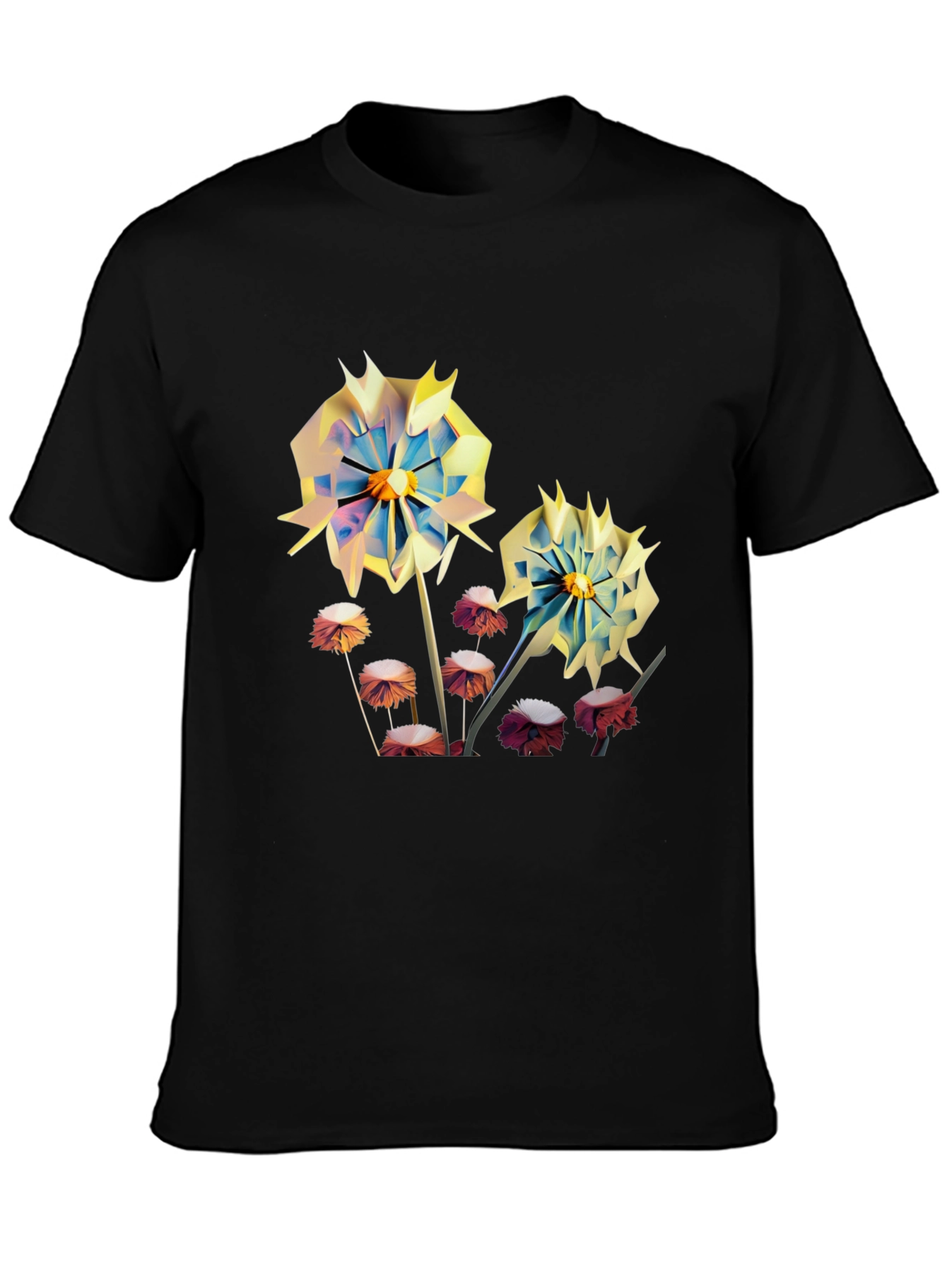 Black Floral Print Men's T-Shirt - Unique Artistic Design view 3