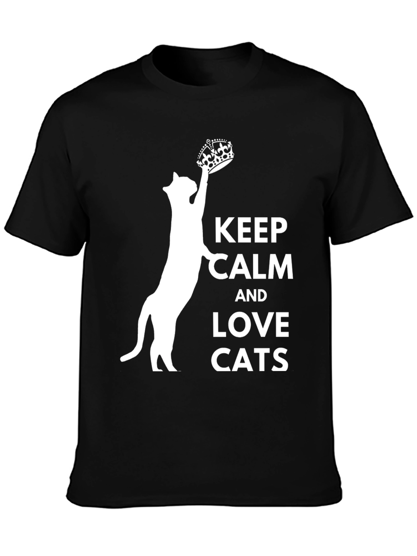 Black Keep Calm and Love Cats T-Shirt - Crowned Cat Design view 3