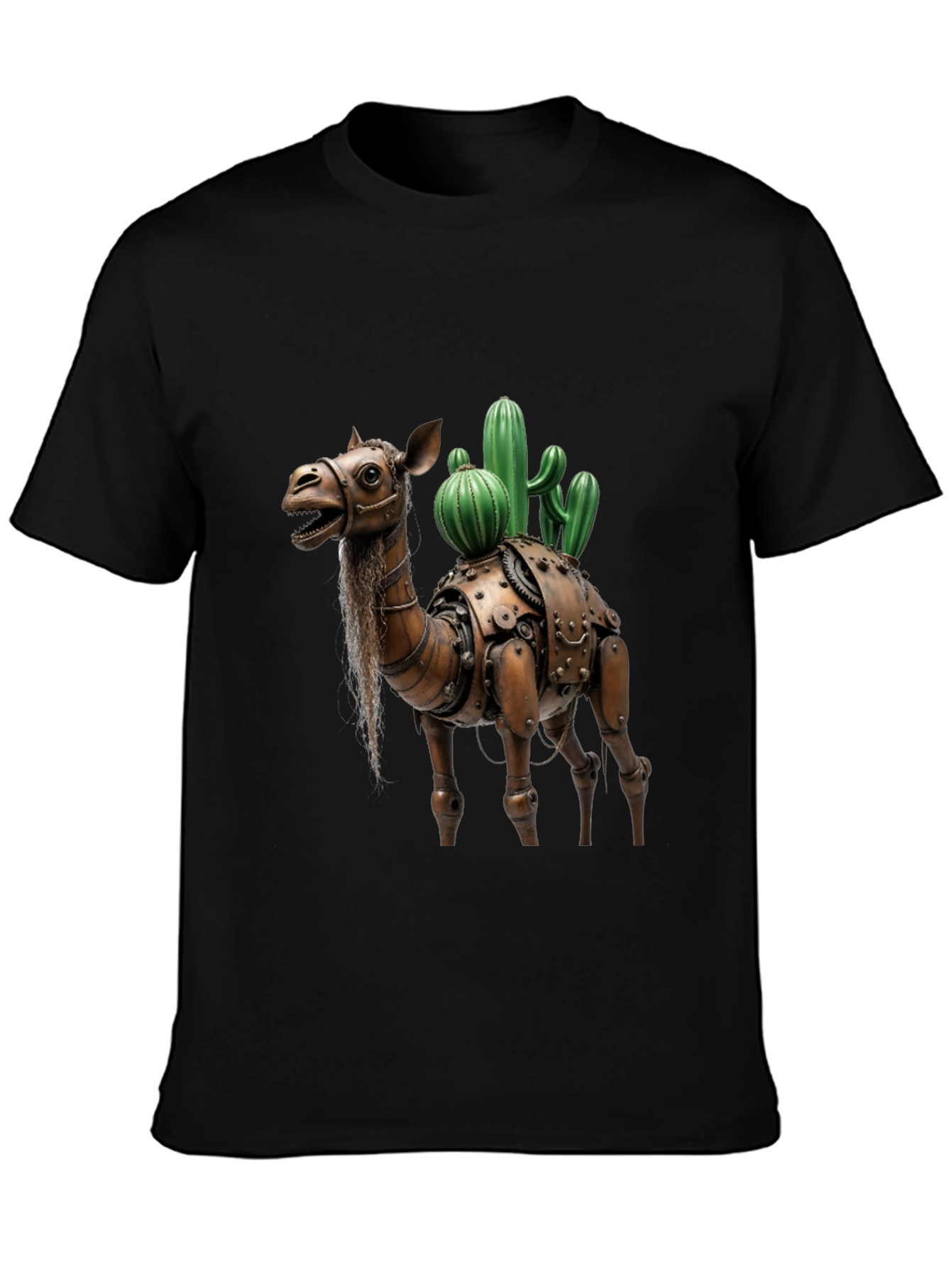 Black Steampunk Camel Cactus Graphic T-Shirt view 3