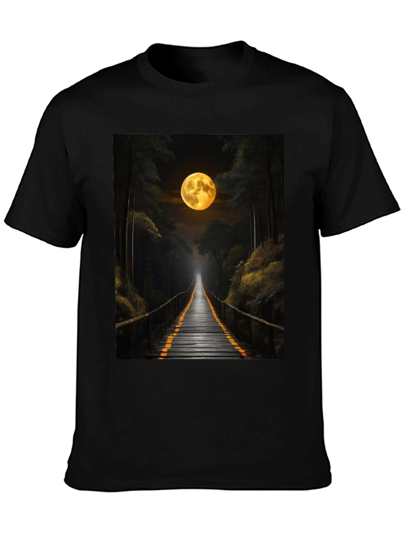 Black Moonlit Forest Bridge Graphic Tee view 3