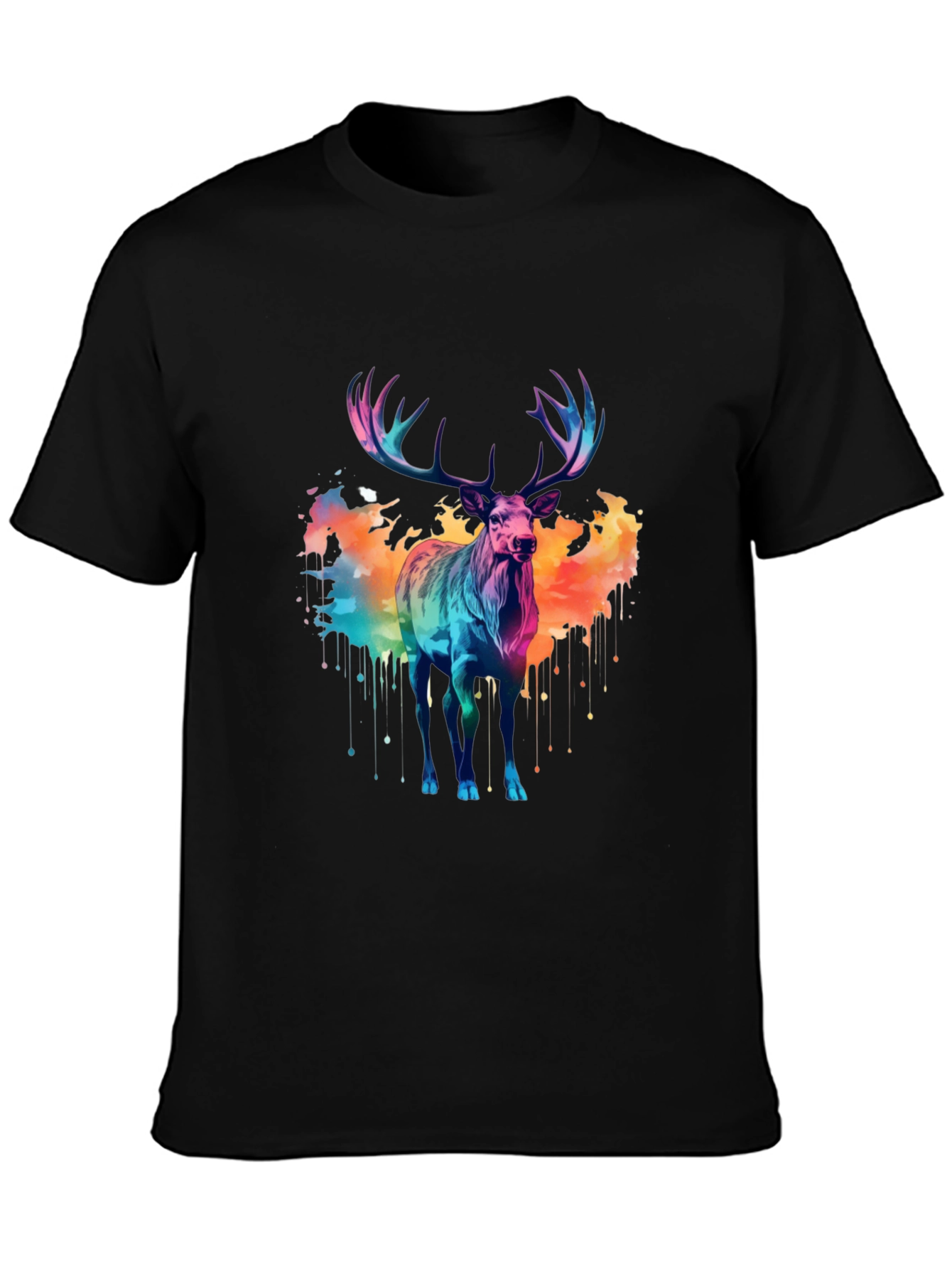 Black Colorful Watercolor Stag Graphic Tee view 3