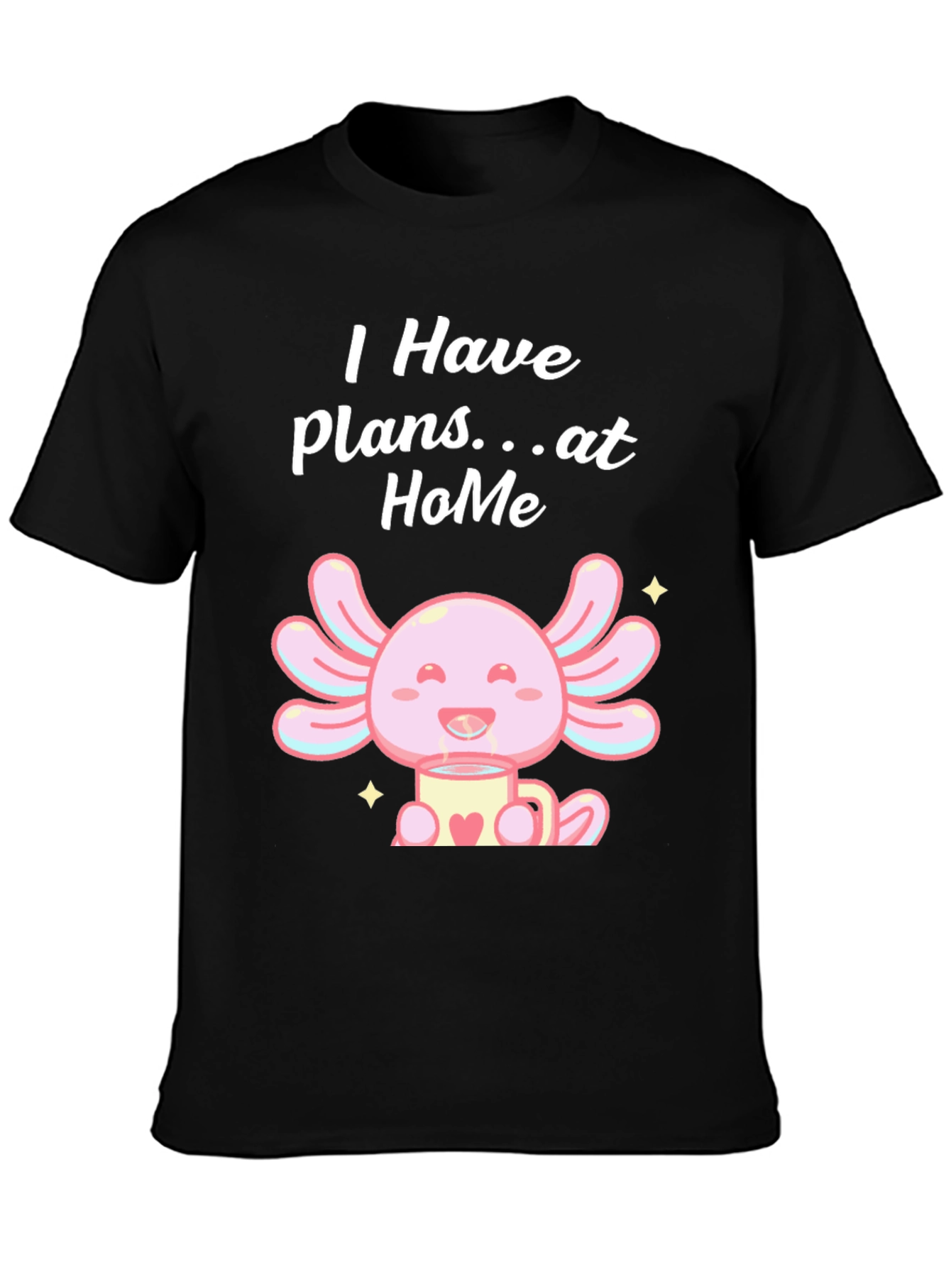 Black Cute Axolotl "Plans at Home" Black T-Shirt view 3