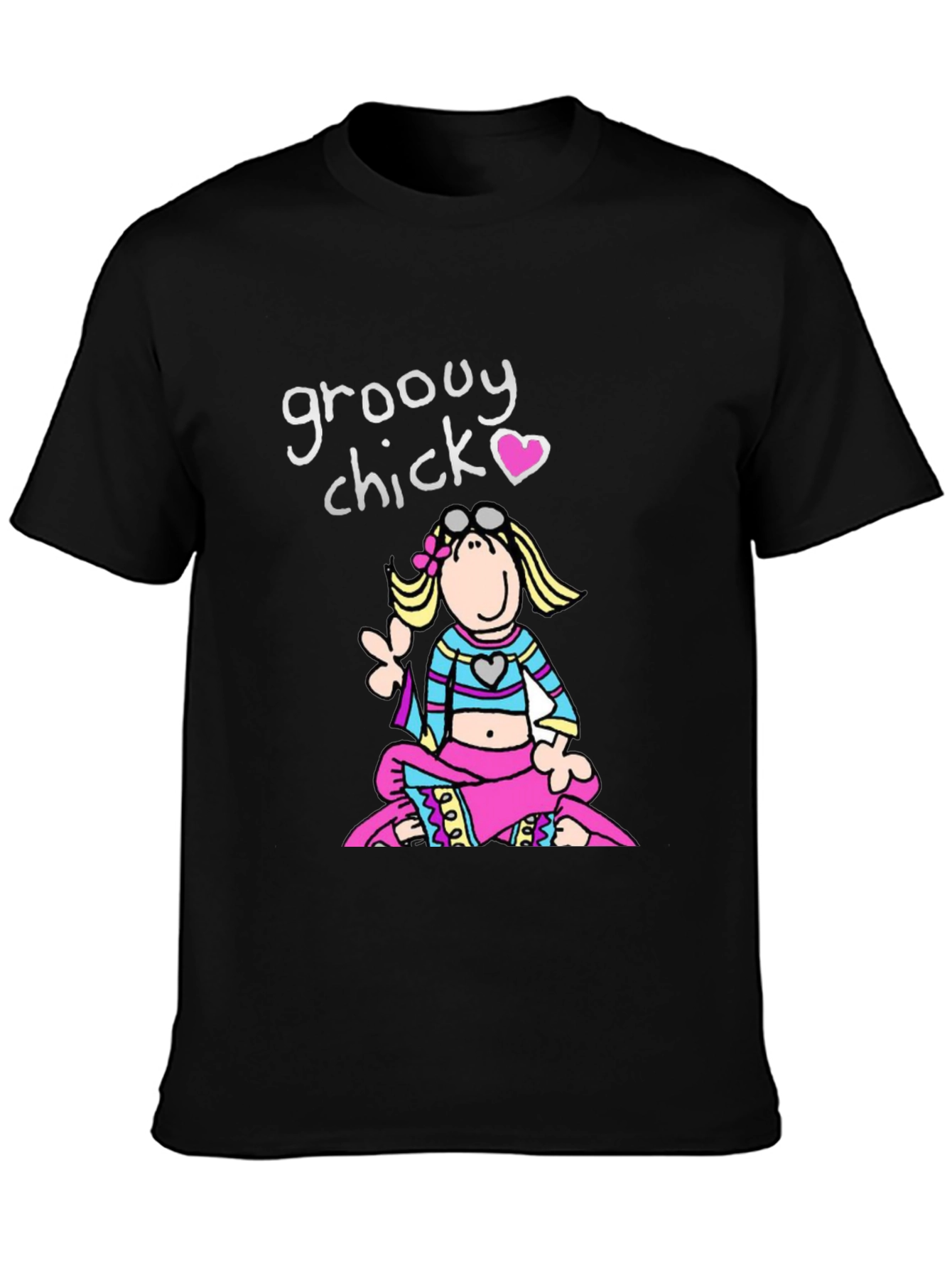 Black Groovy Chick T-Shirt - Retro Cartoon Peace view 3