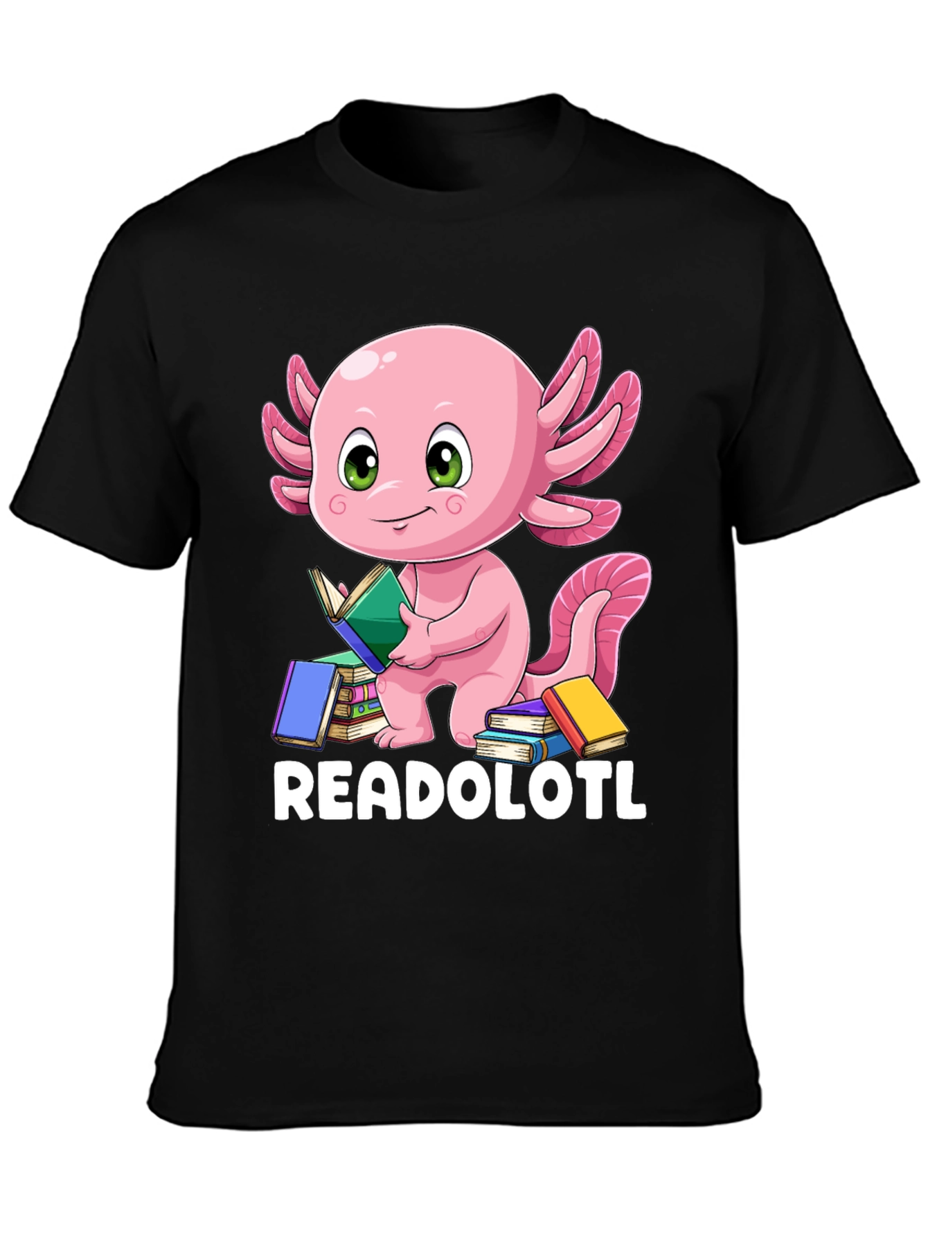 Black Readolotl Axolotl Reading Book T-Shirt view 3
