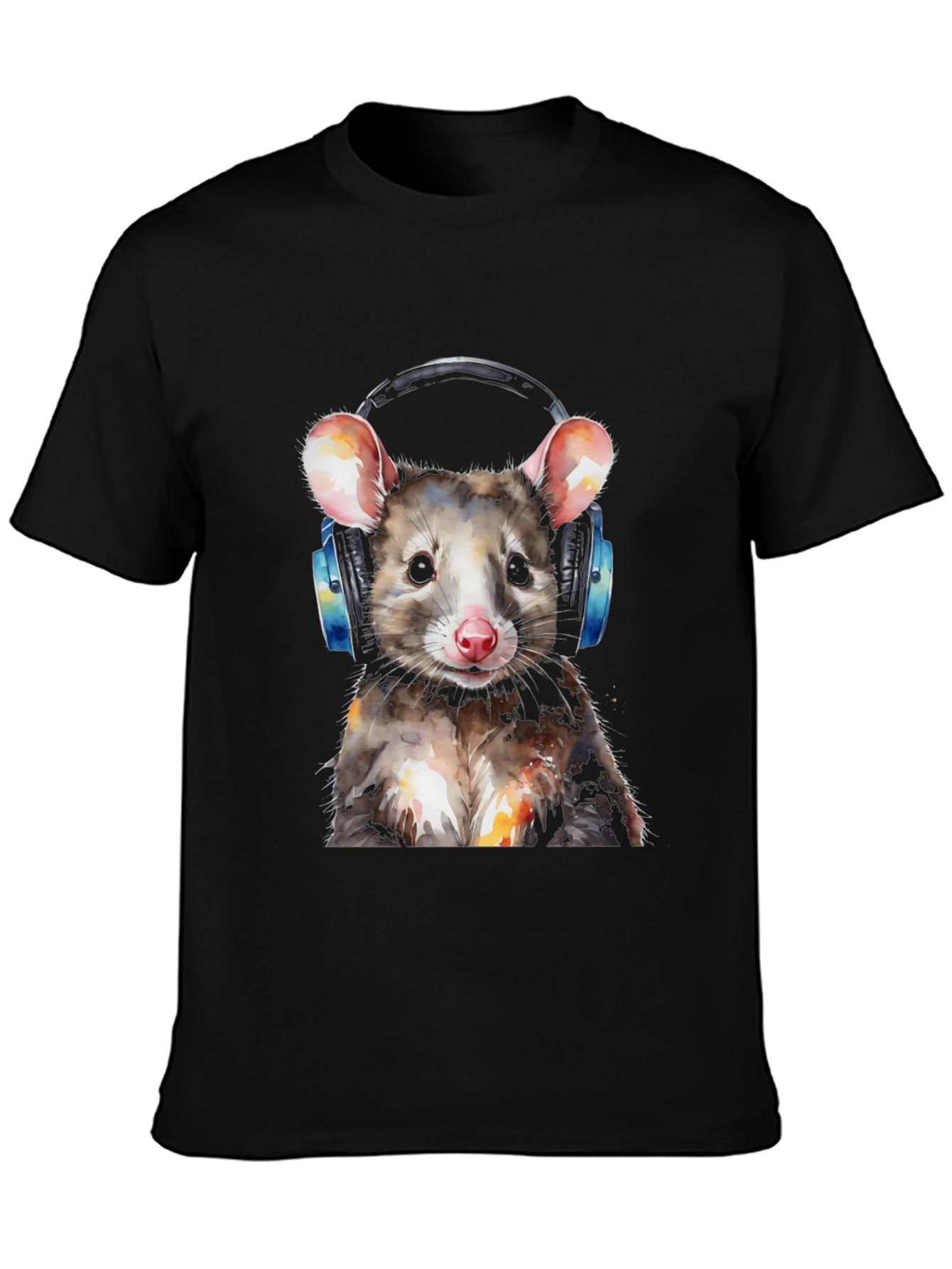 Black Cool Opossum T-Shirt with Headphones - Unique Graphic Tee view 3