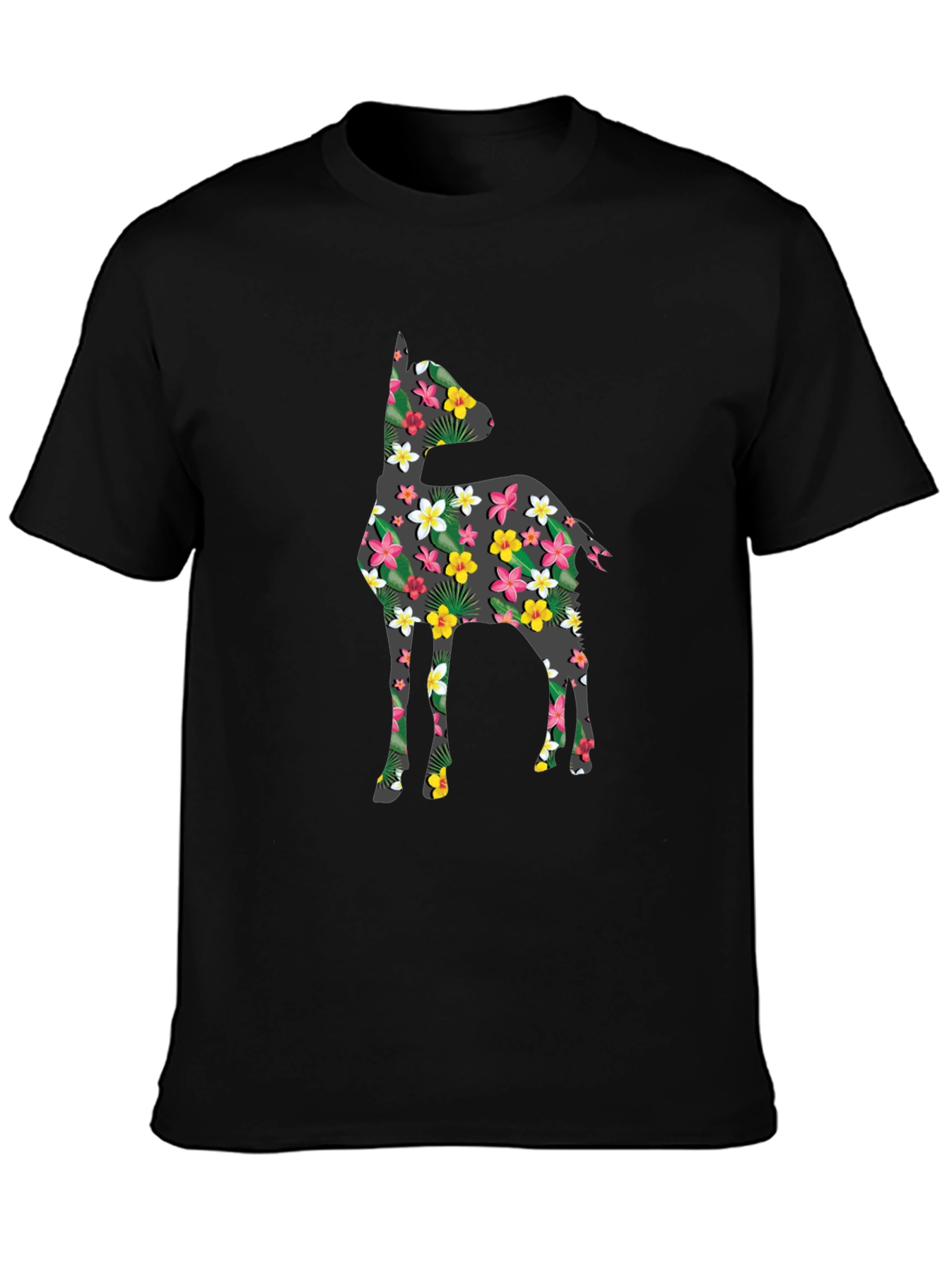 Black Floral Deer Print Black T-Shirt view 3