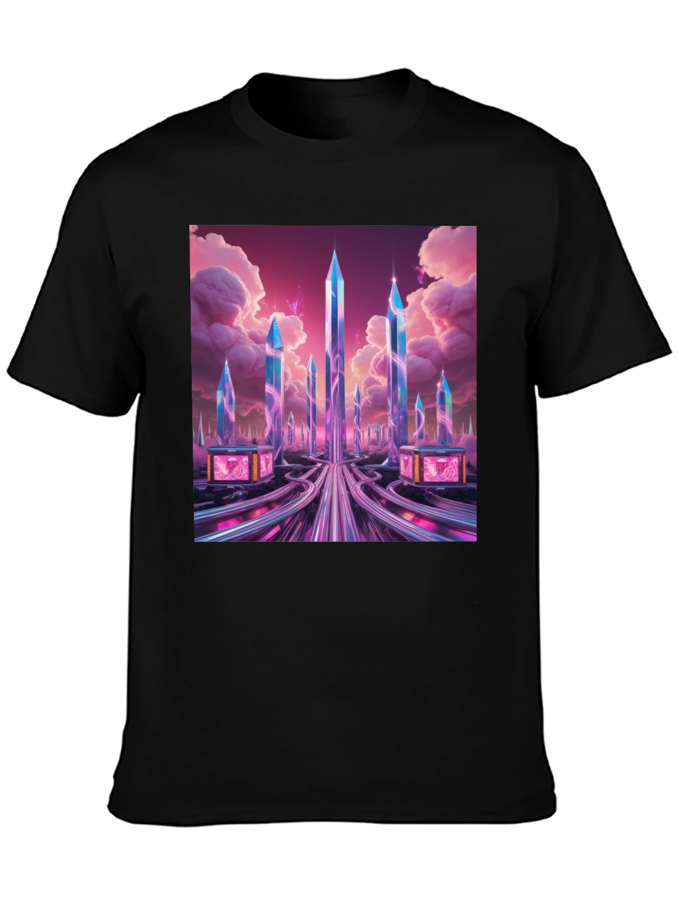 Black Futuristic Cityscape Graphic Tee view 3