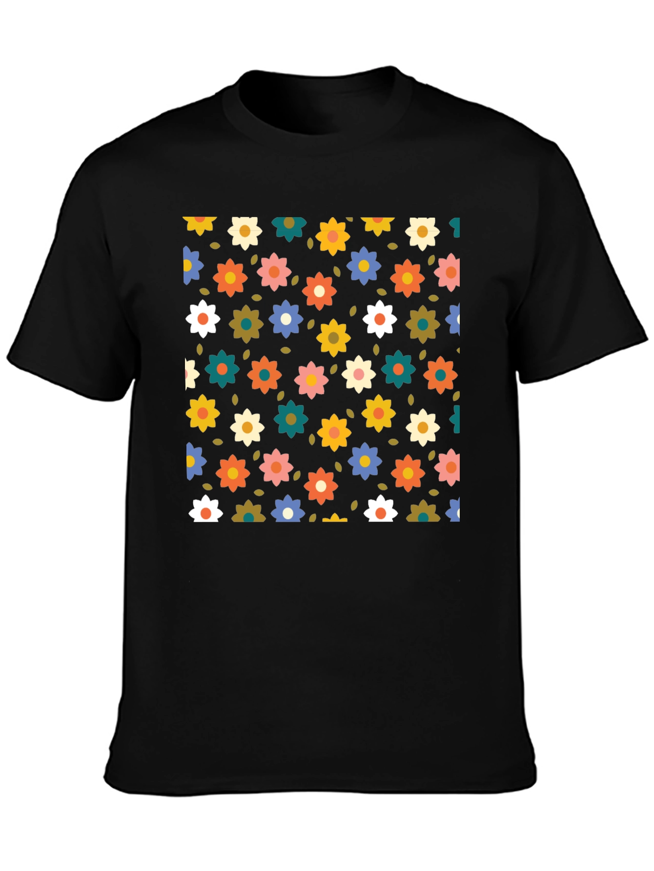Black Floral Pattern Black T-Shirt view 3