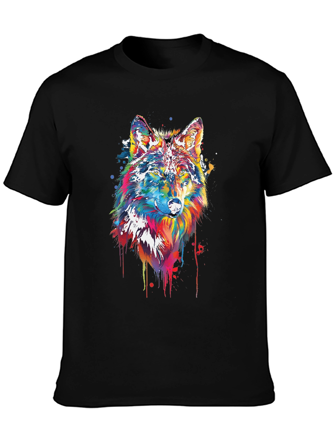 Black Colorful Wolf Graphic Tee - Black Cotton Blend view 3