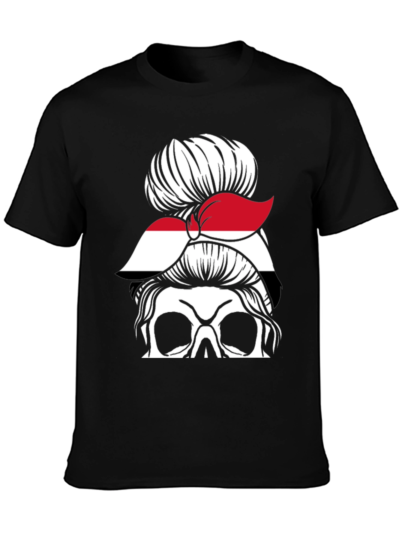 Messy Bun Yemen Flag Skull T-Shirt - 3