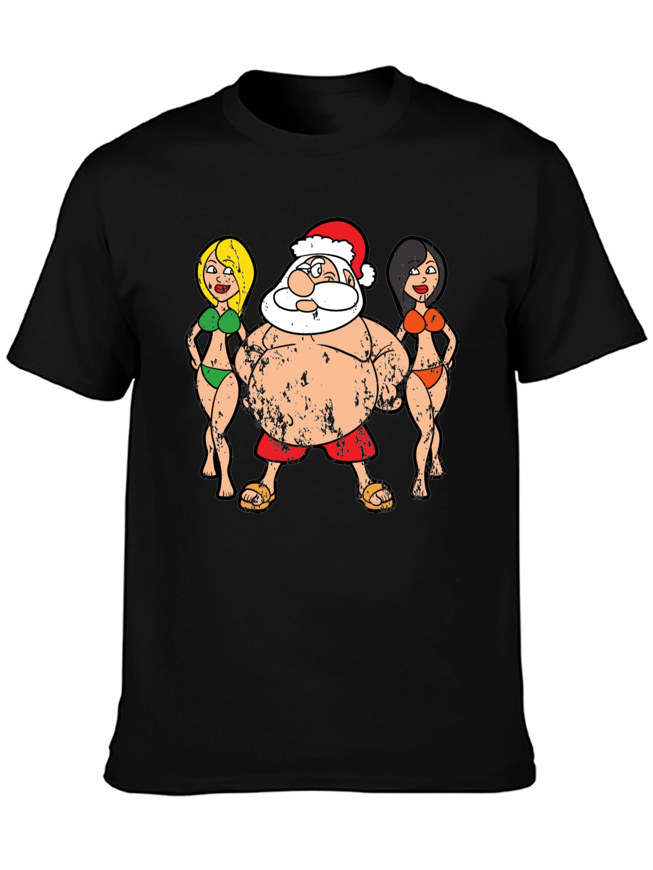 Black Funny Santa and Bikini Girls Graphic Tee view 3