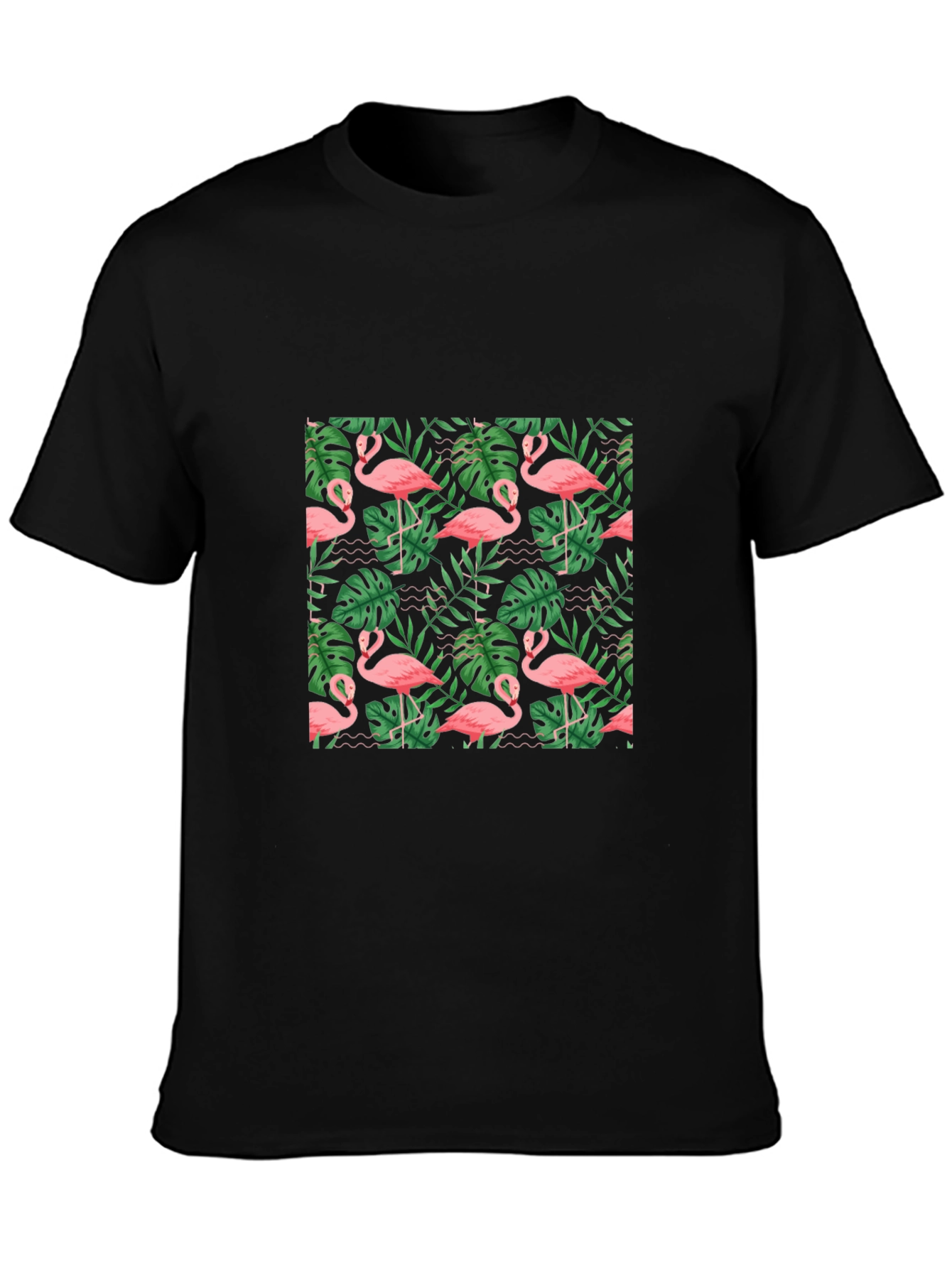 Black Tropical Flamingo Print Black T-Shirt view 3