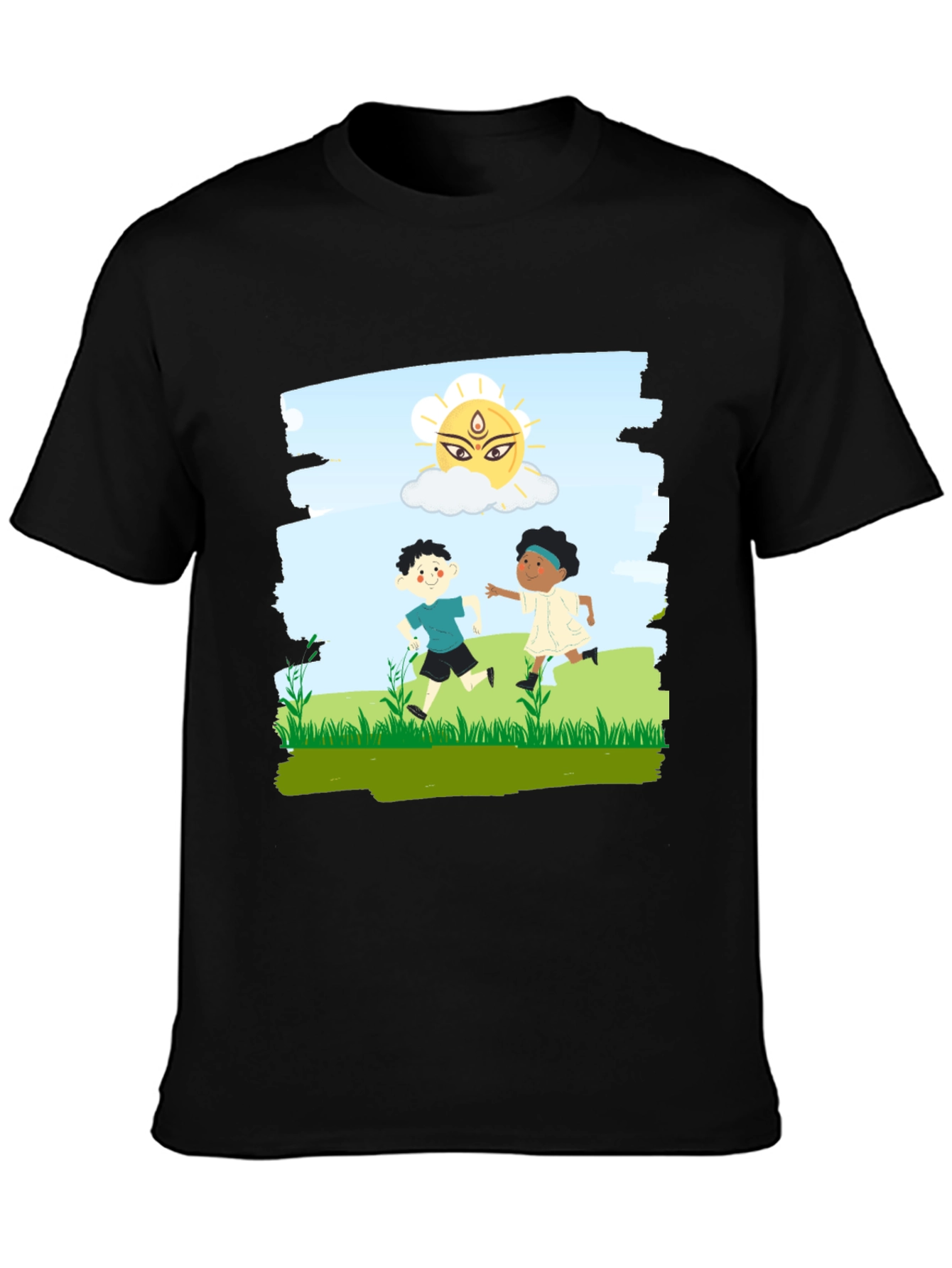 Black Kids Playing Graphic T-Shirt - Black Cotton Blend view 3