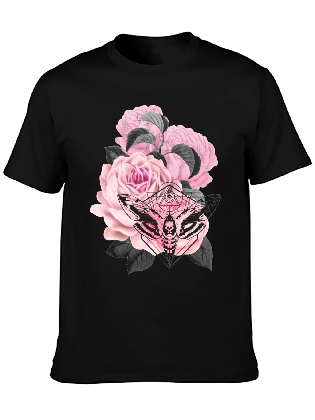 Black Gothic Floral Moth Black T-Shirt view 3