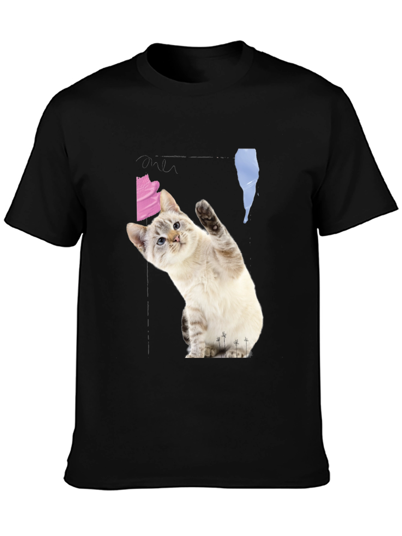 Black Cute Cat Waving Black T-Shirt view 3