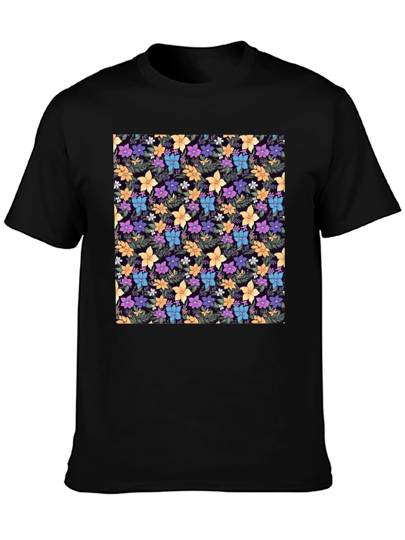 Black Floral Print Black Crew Neck T-Shirt view 3