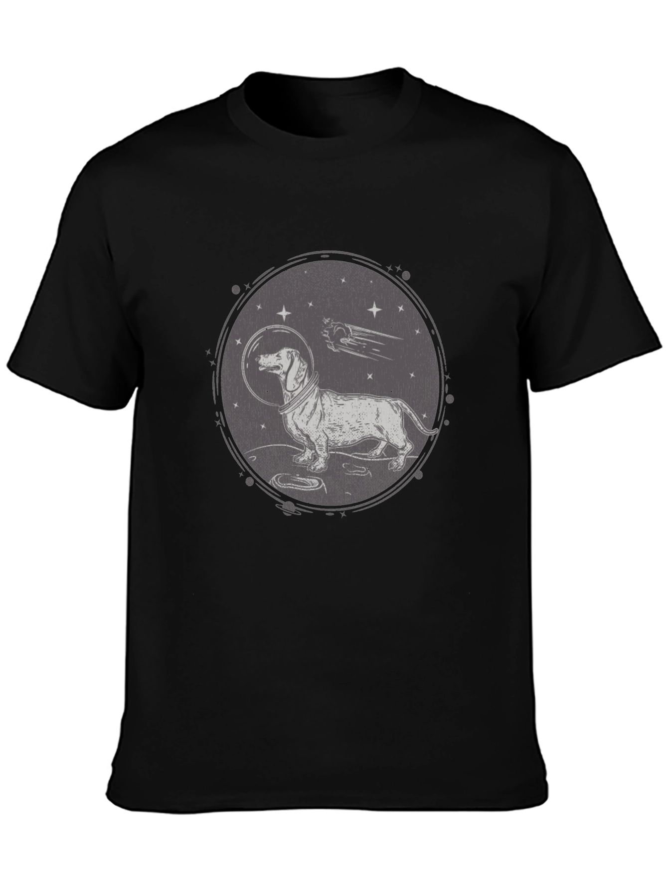 Black Dachshund Astronaut Graphic T-Shirt - Black Crew Neck view 3
