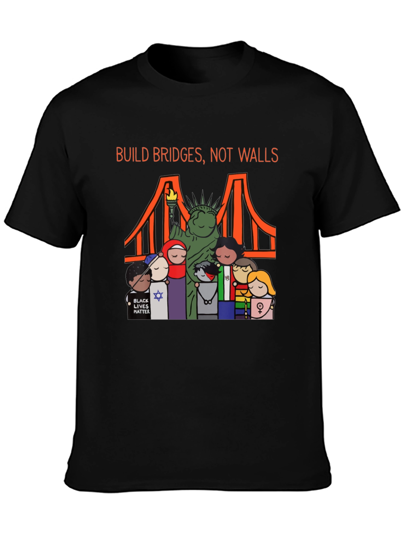 Black Build Bridges Not Walls Diversity Graphic Tee view 3