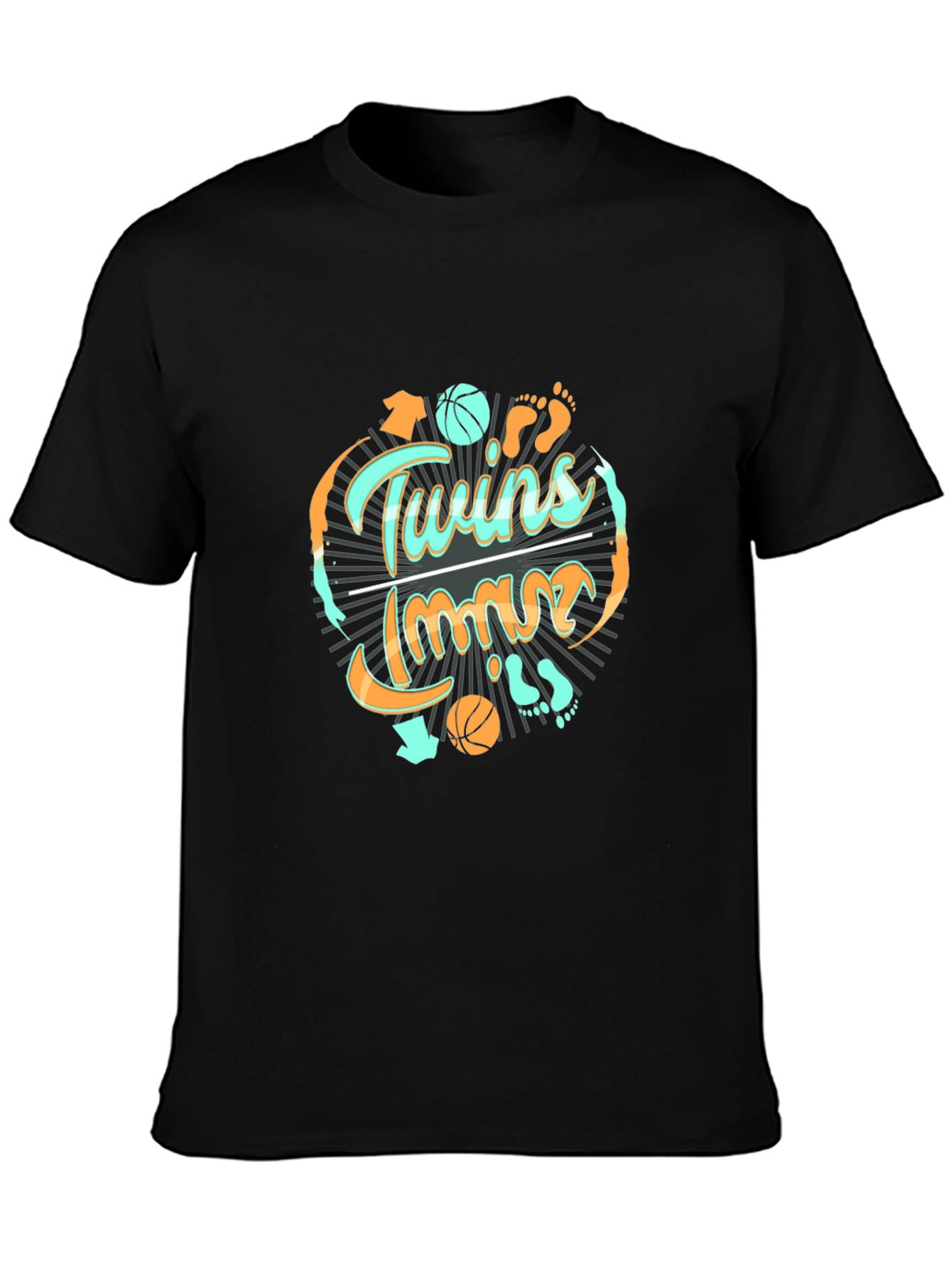 Black Twins T-Shirt: Basketball & Footprints Design view 3