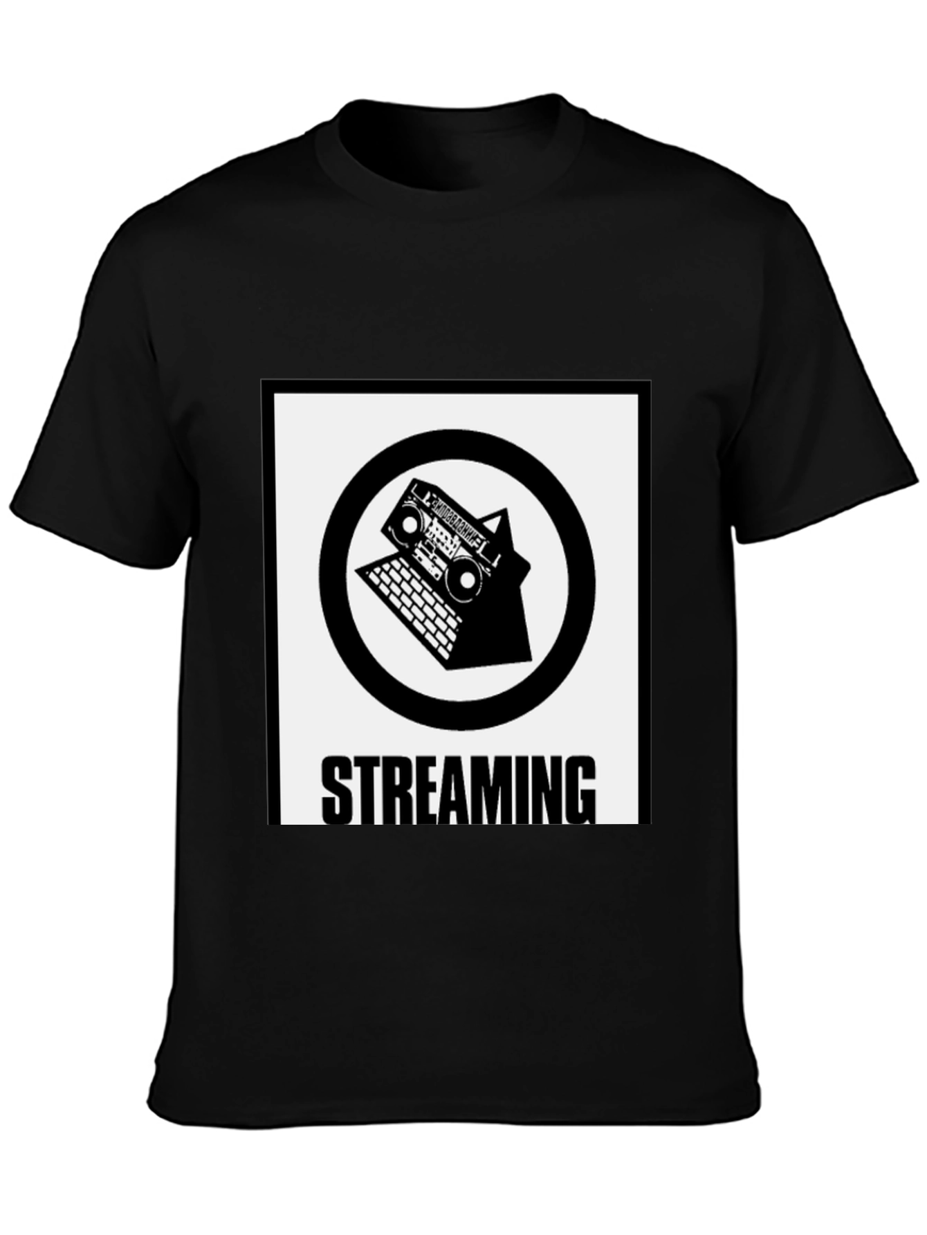 Black Streaming T-Shirt: Boombox & Laptop Design view 3