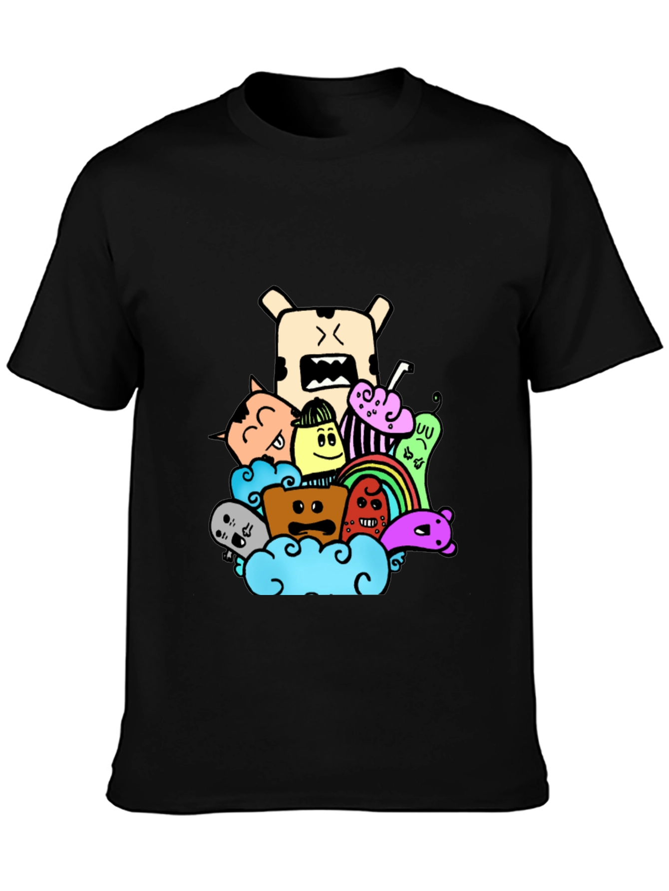 Black Doodle Cartoon Graphic Print Black T-Shirt view 3