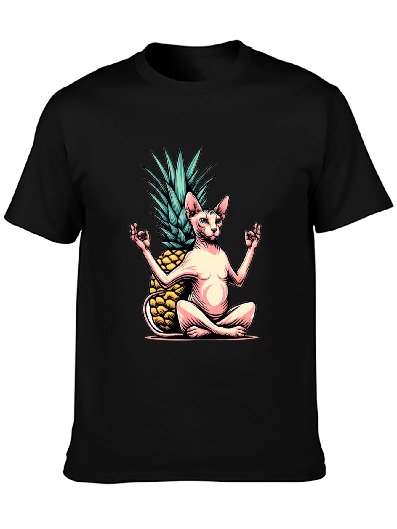 Black Zen Cat Pineapple T-Shirt - Meditating Sphynx Tee view 3