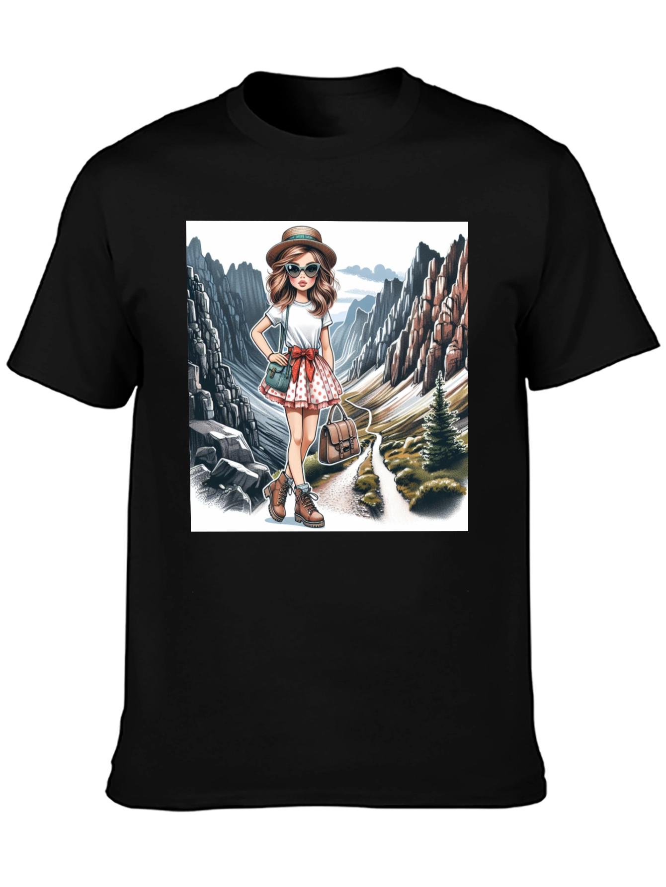 Black Stylish Hiking Girl Graphic T-Shirt view 3