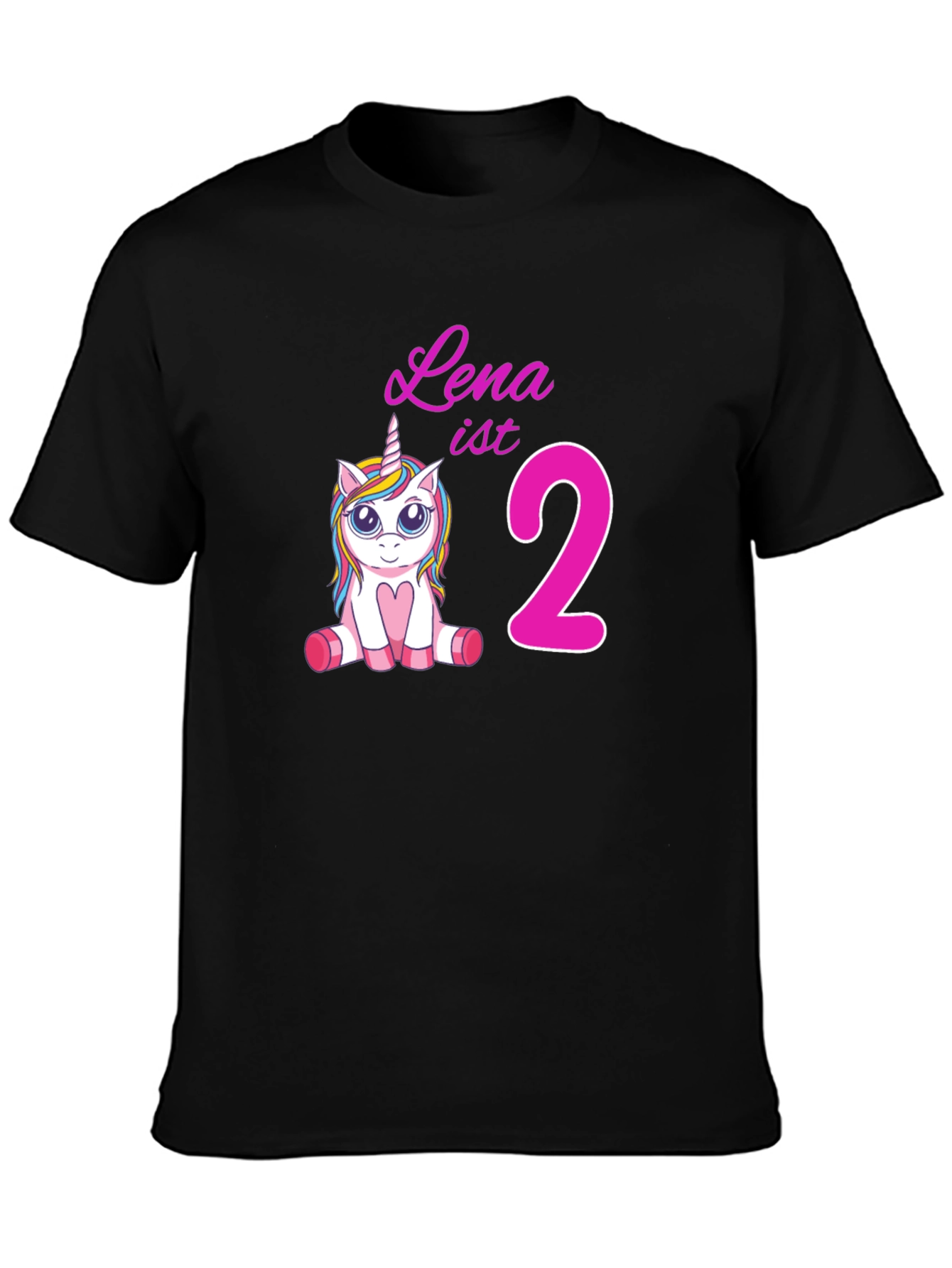 Black Cute 'Lena is 2' Unicorn Birthday Black T-Shirt view 3