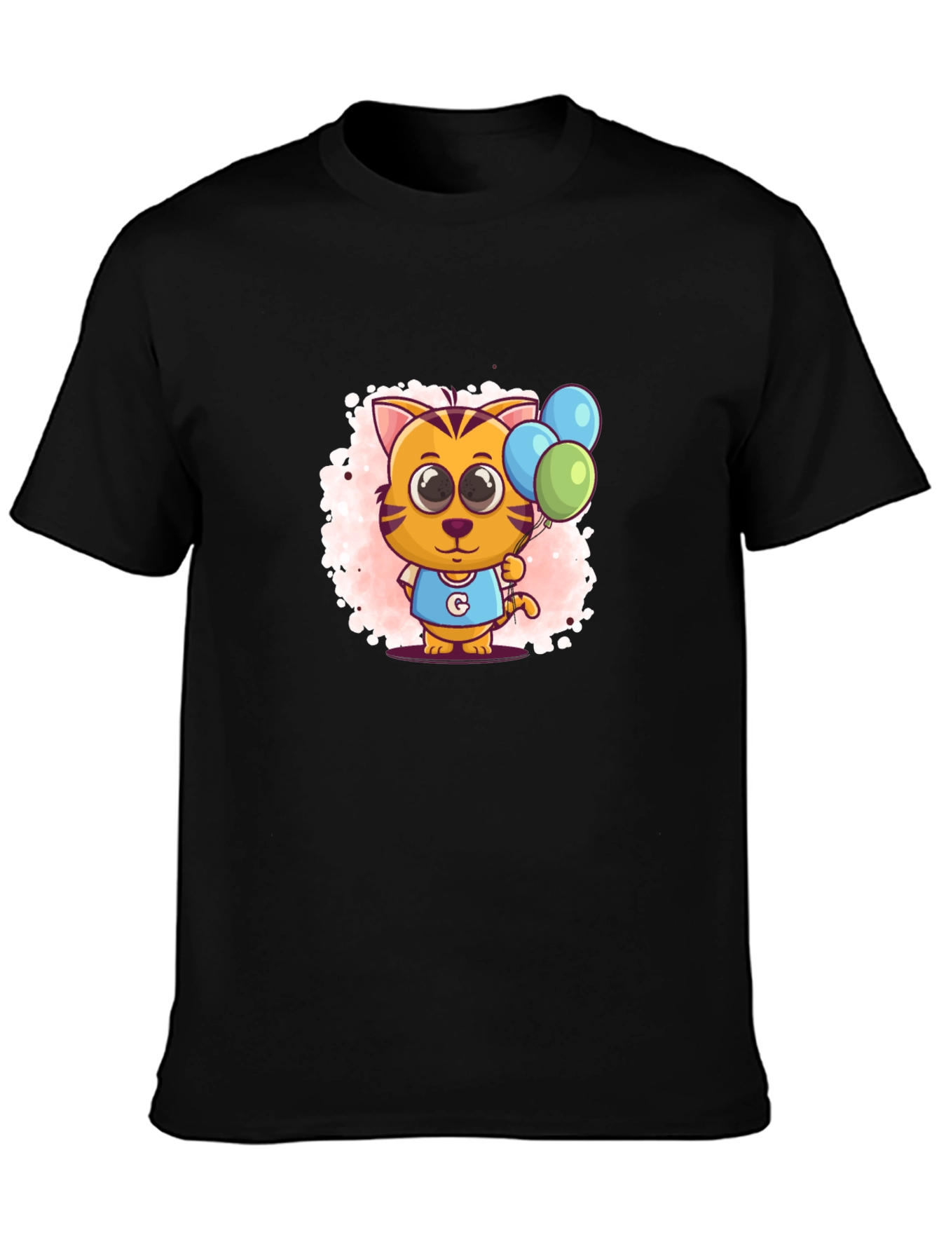 Black Cute Cartoon Cat With Balloons Black T-Shirt view 3