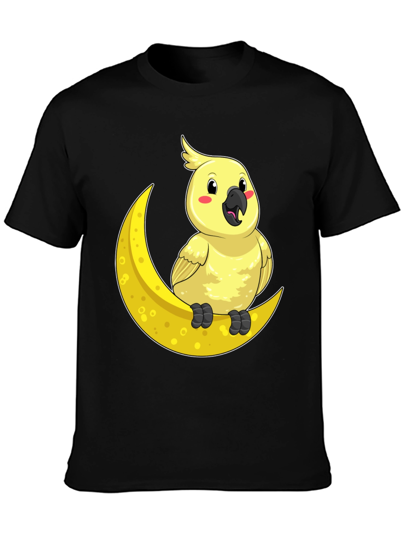 Black Cute Cockatiel On Moon T-Shirt - Soft Cotton, Unique Design view 3