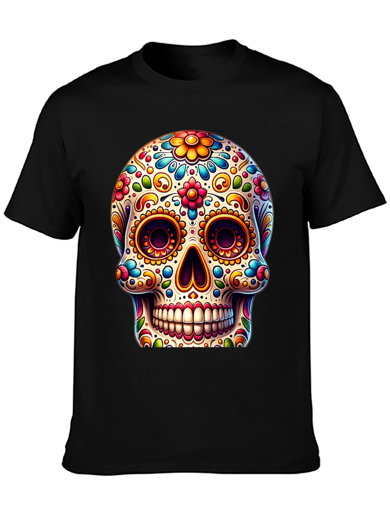 Black Sugar Skull T-Shirt: Colorful Day of the Dead Design view 3
