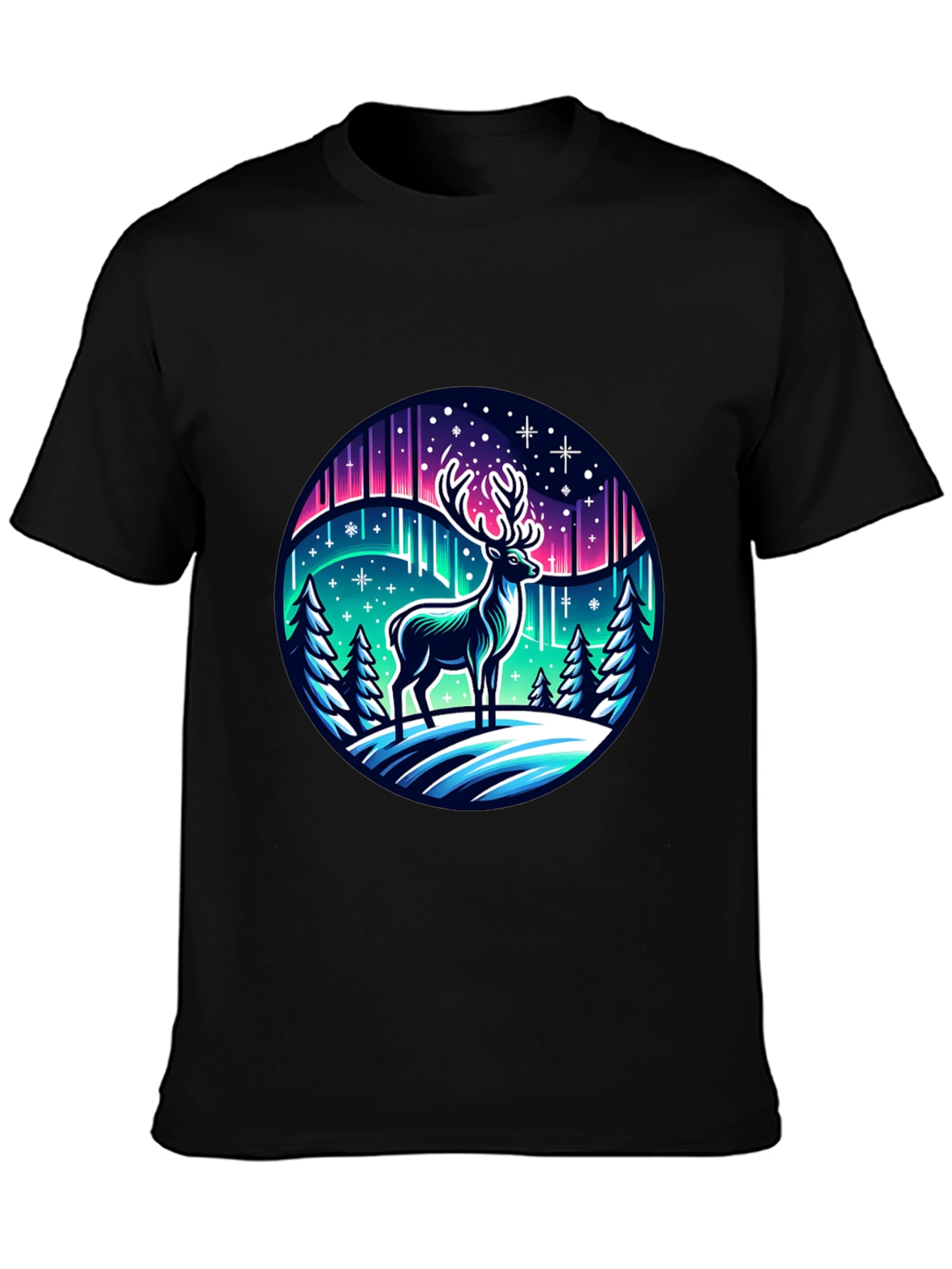 Black Winter Deer Graphic Tee - Northern Lights Design view 3
