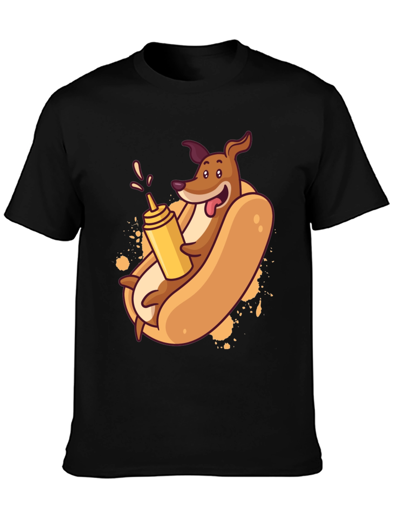 Black Funny Dachshund Hot Dog Cartoon T-Shirt view 3