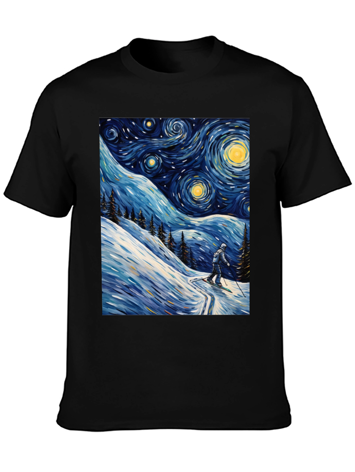 Black Starry Night Skiing Graphic Tee view 3