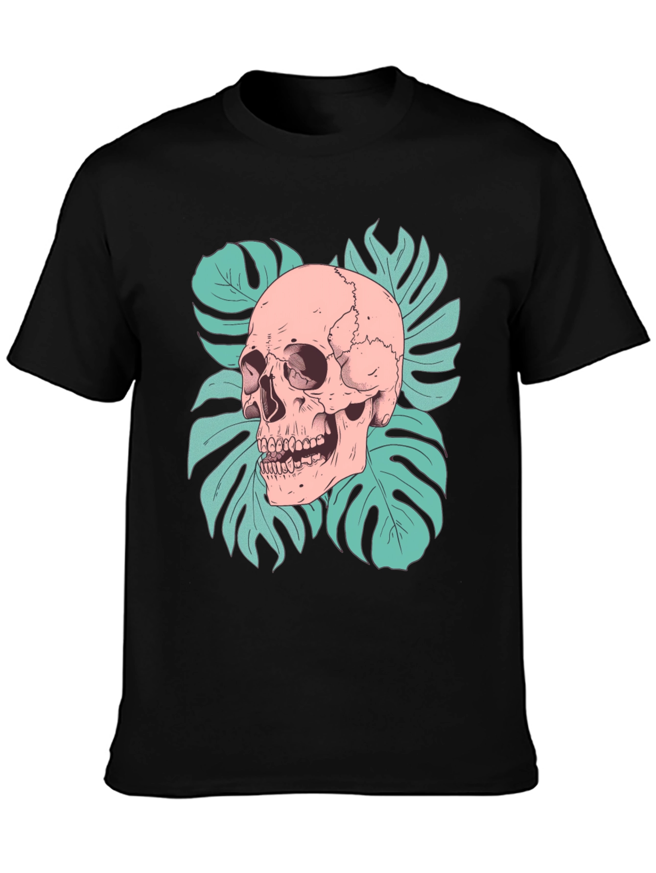 Black Skull & Monstera Leaf Graphic Tee - Black view 3