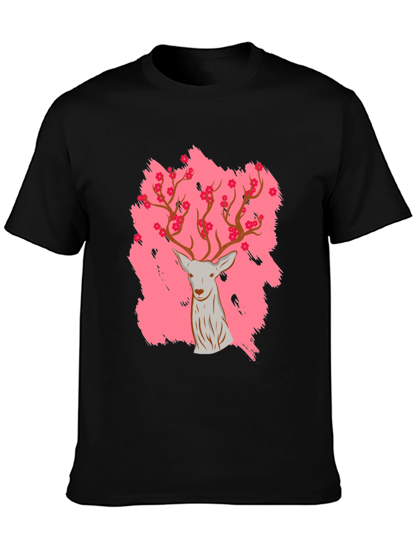 Black Deer with Floral Antlers Graphic Black T-Shirt view 3
