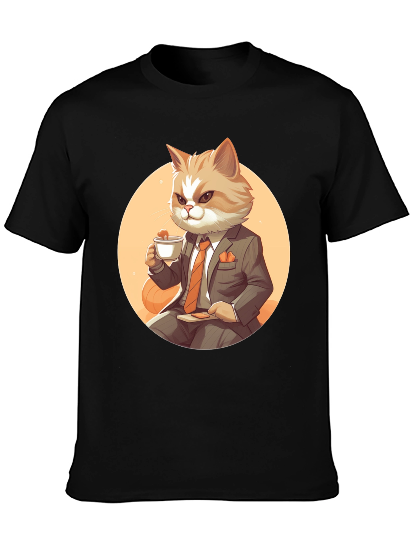 Black Cat Boss T-Shirt: Cartoon Cat in Suit Sipping Tea view 3