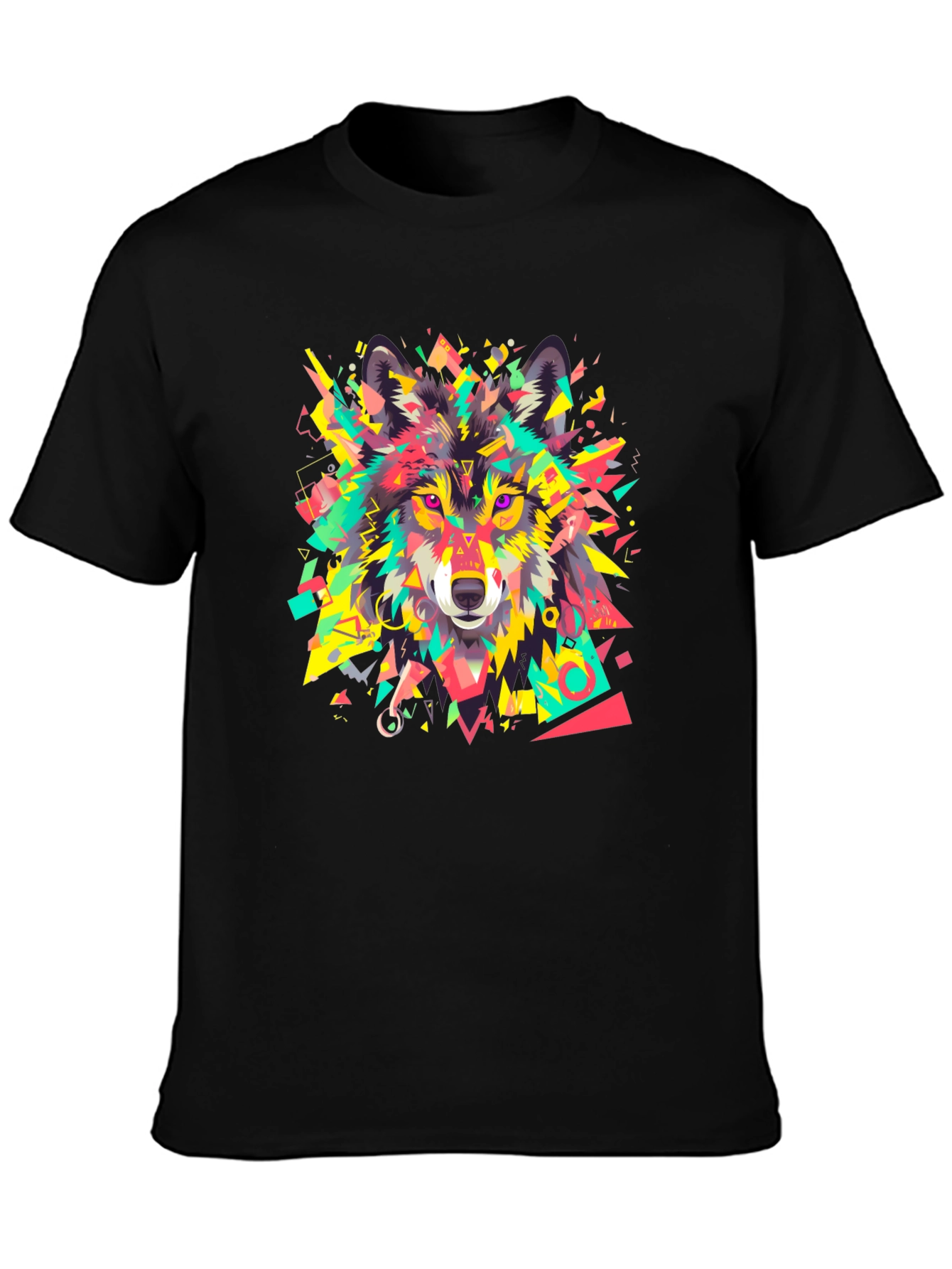 Black Geometric Wolf Graphic Black T-Shirt view 3