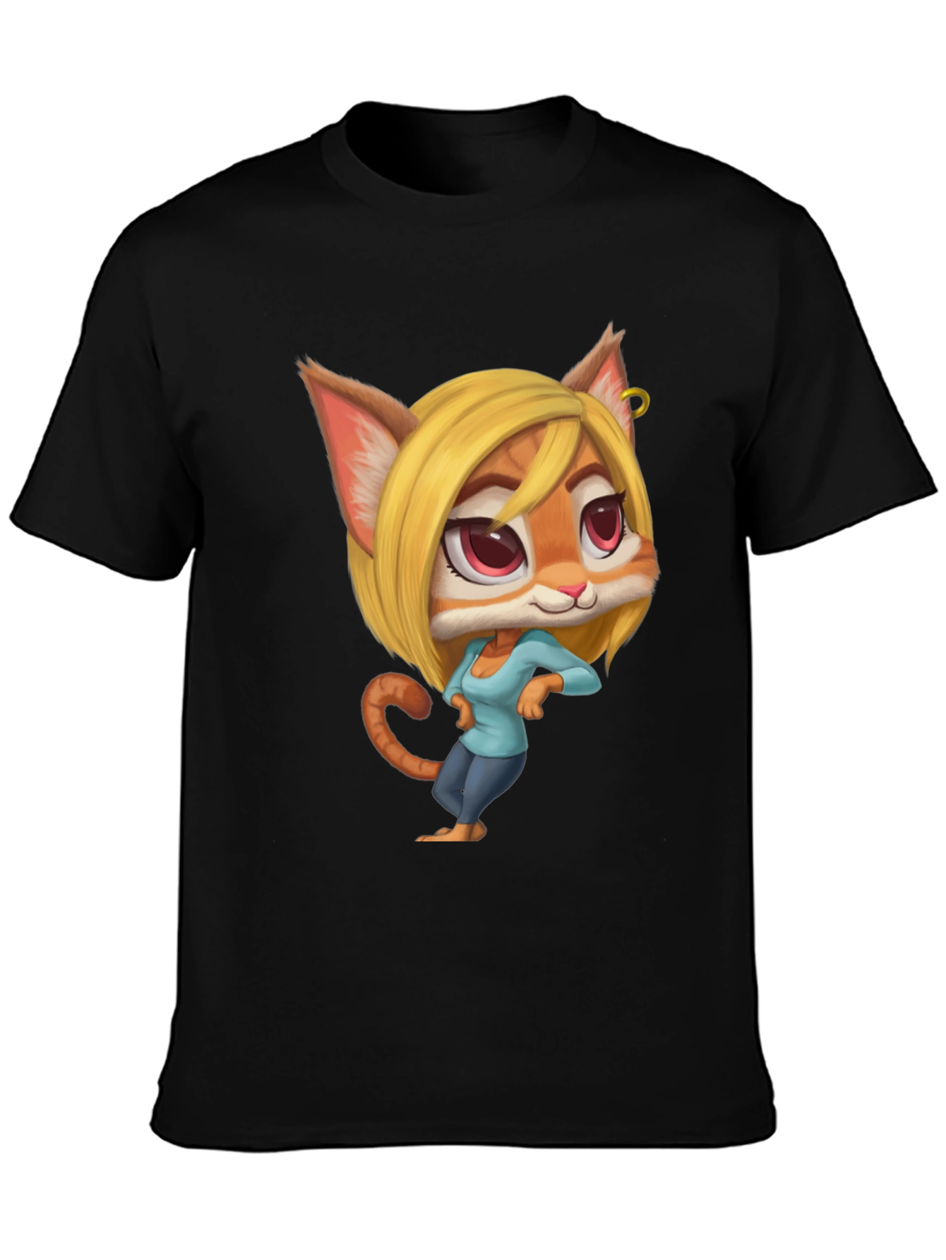 Black Cartoon Cat Girl T-Shirt - Unique Design view 3