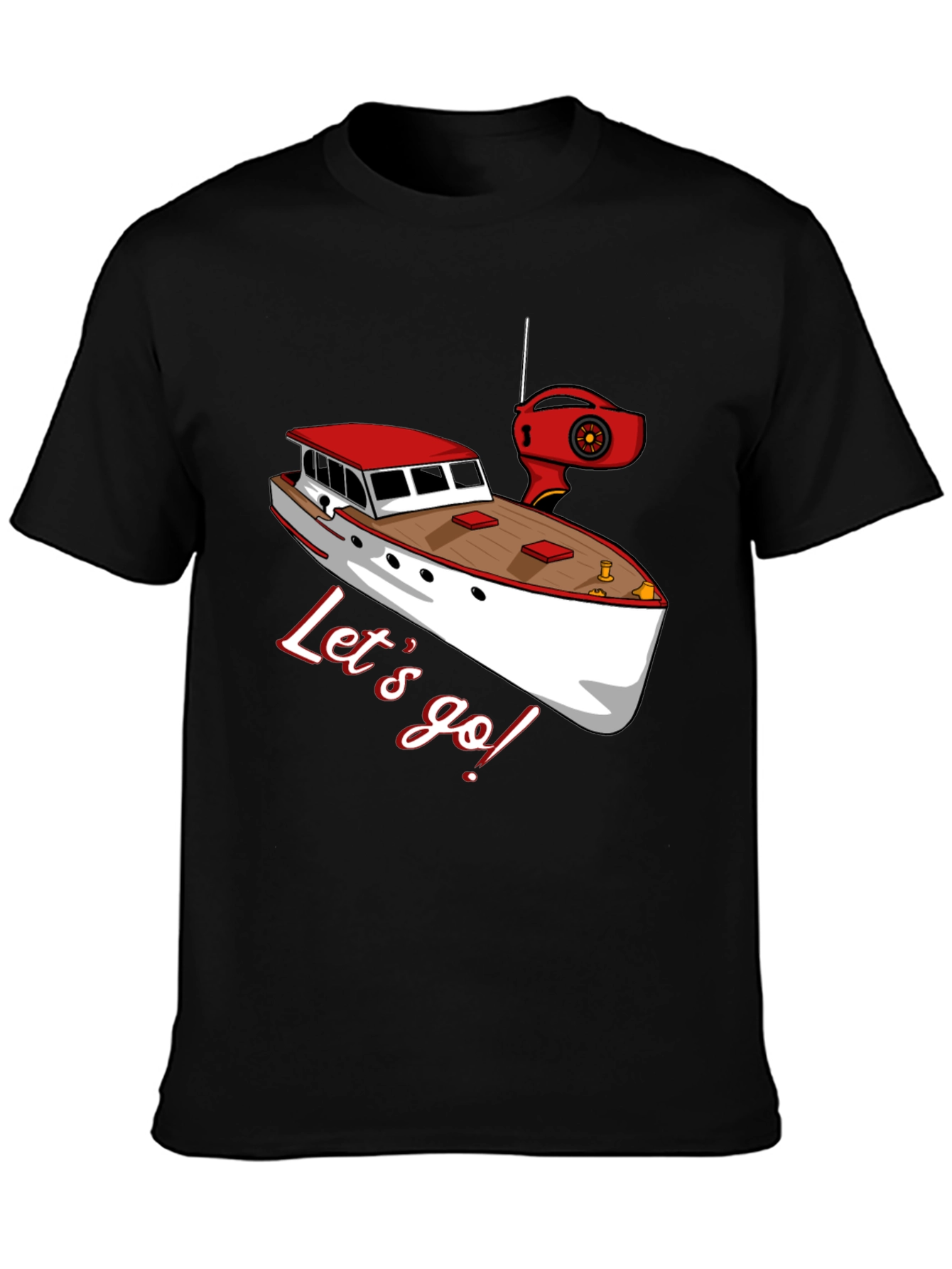 Black Let's Go Boating T-Shirt: Red & White Boat Graphic view 3