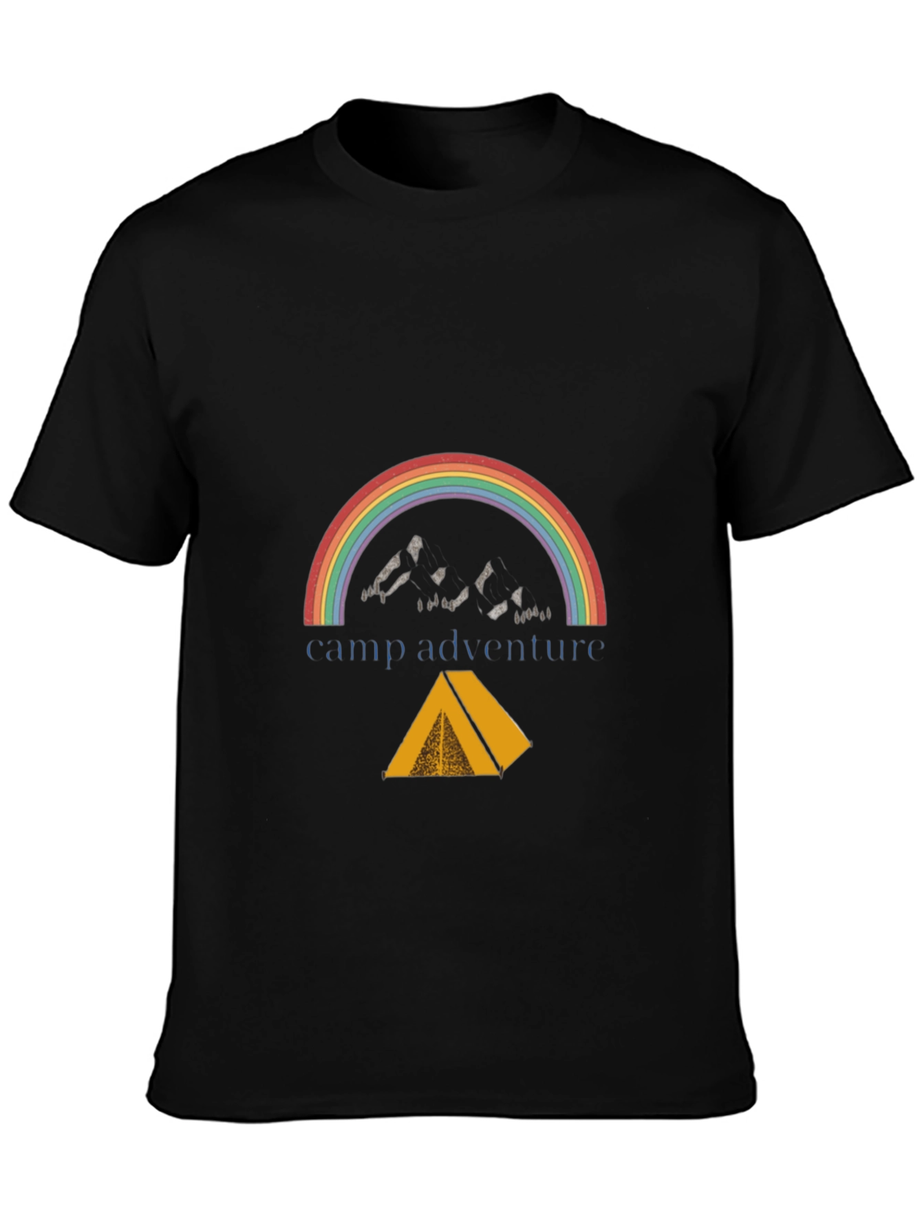 Black Camp Adventure Black T-Shirt, Rainbow Mountain Tent Design view 3