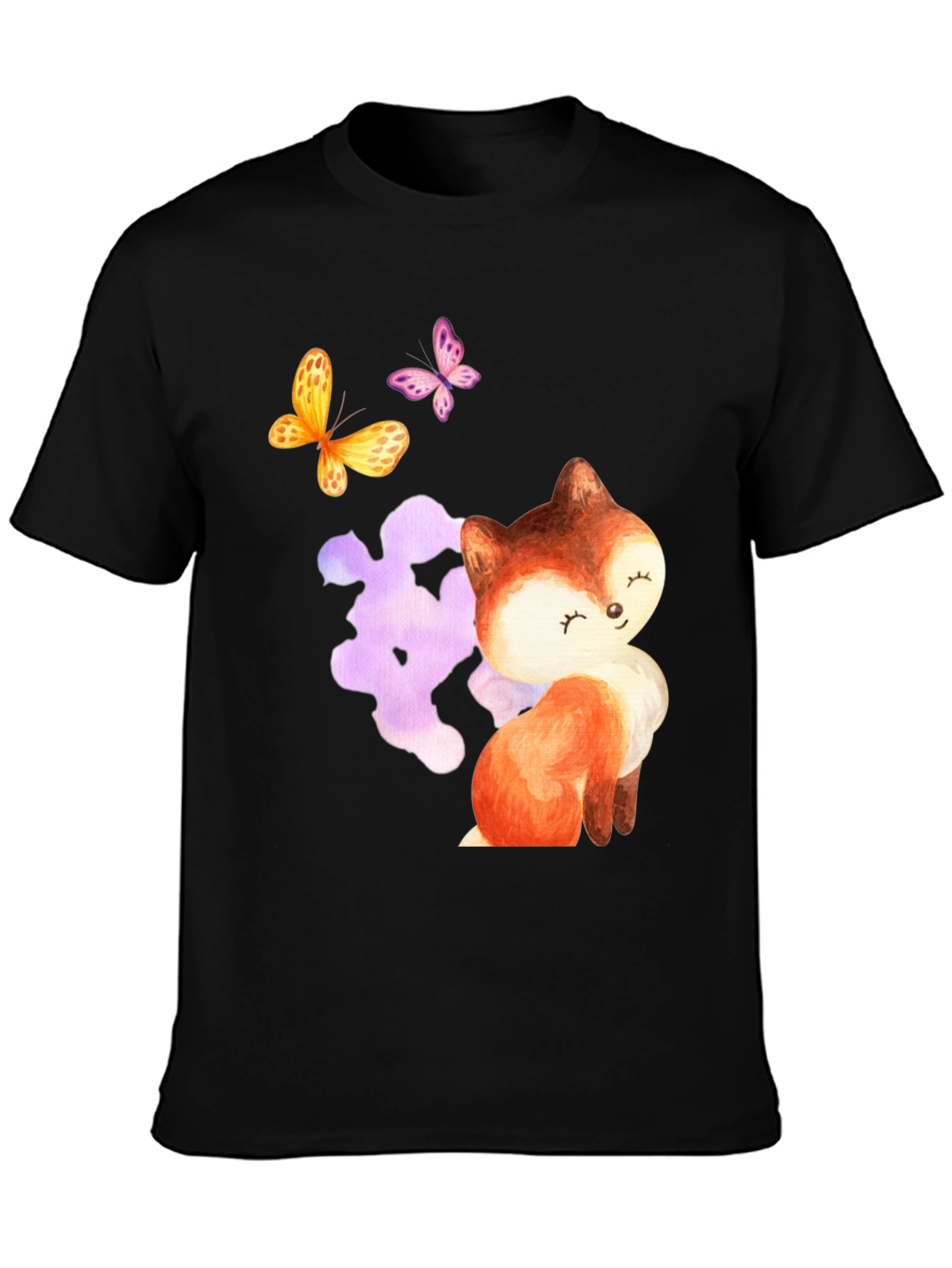 Black Cute Fox & Butterfly Graphic Tee - Stylish Comfort view 3