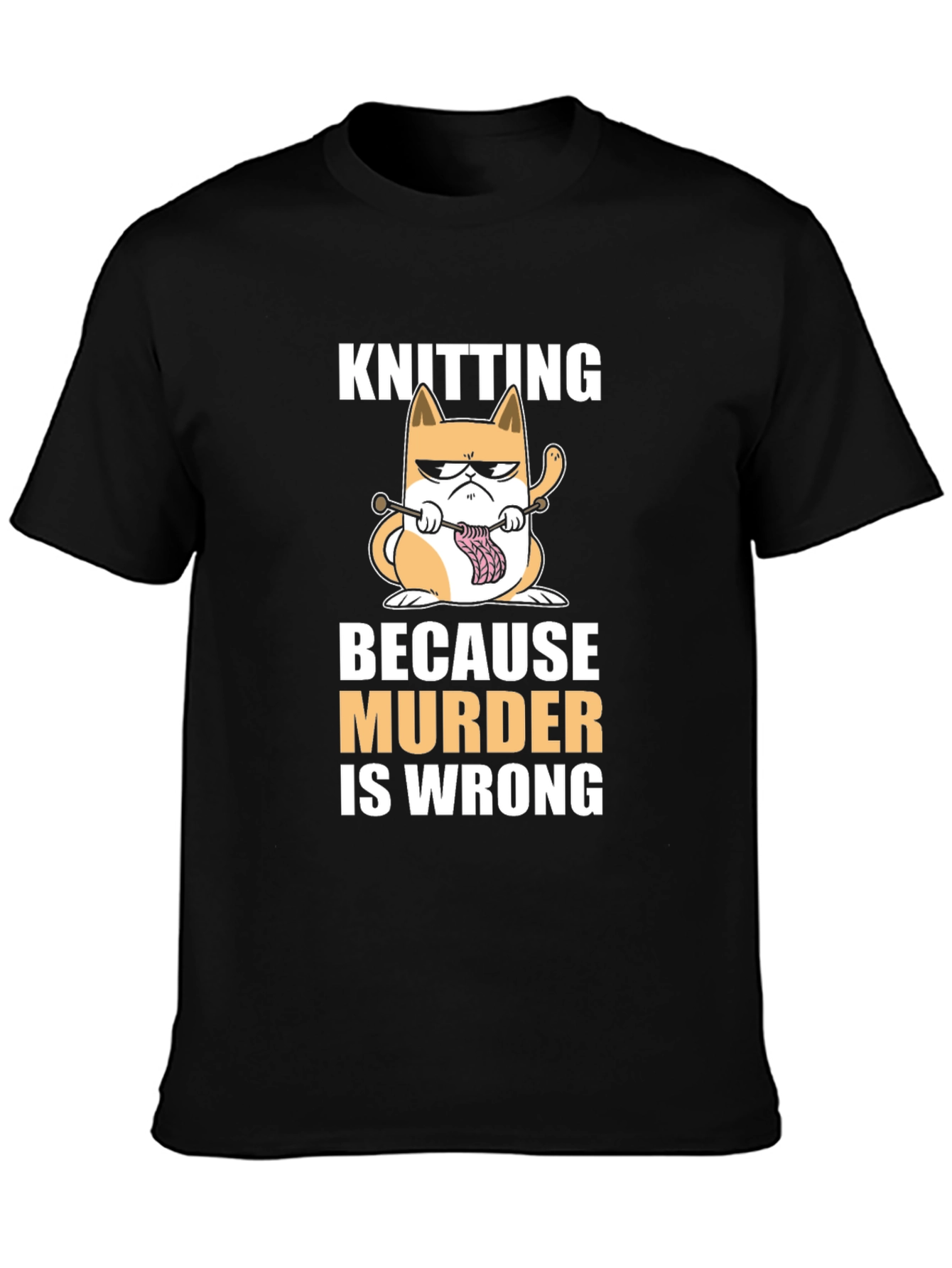 Black Knitting Cat T-Shirt - Because Murder Is Wrong Funny Tee view 3
