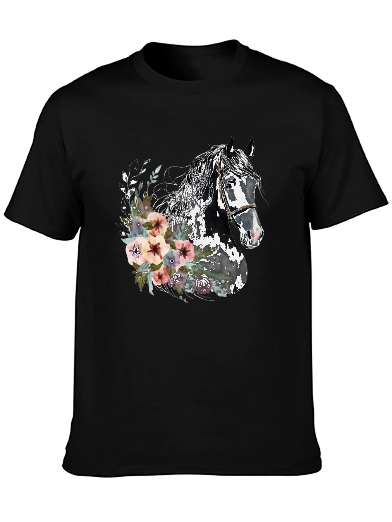 Black Floral Horse Graphic Tee - Unisex Black T-Shirt view 3
