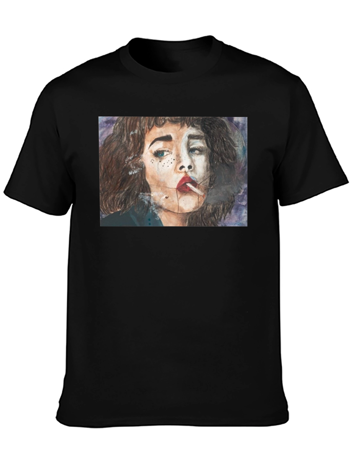Black Smoking Woman Graphic Tee - Unisex Black T-Shirt view 3