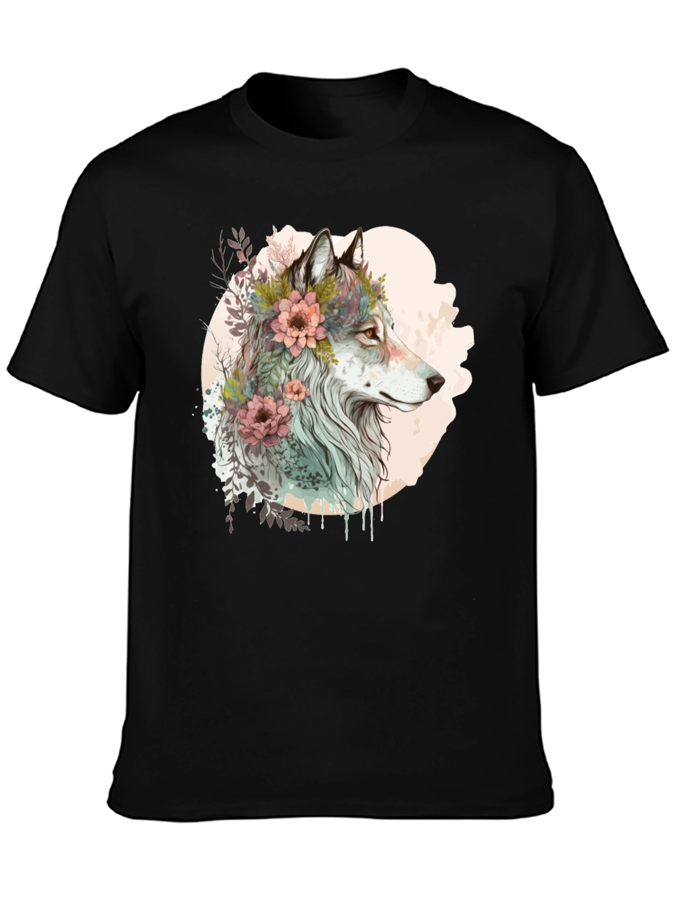 Black Wolf and Floral Graphic Tee - Stylish Men's Black T-Shirt view 3