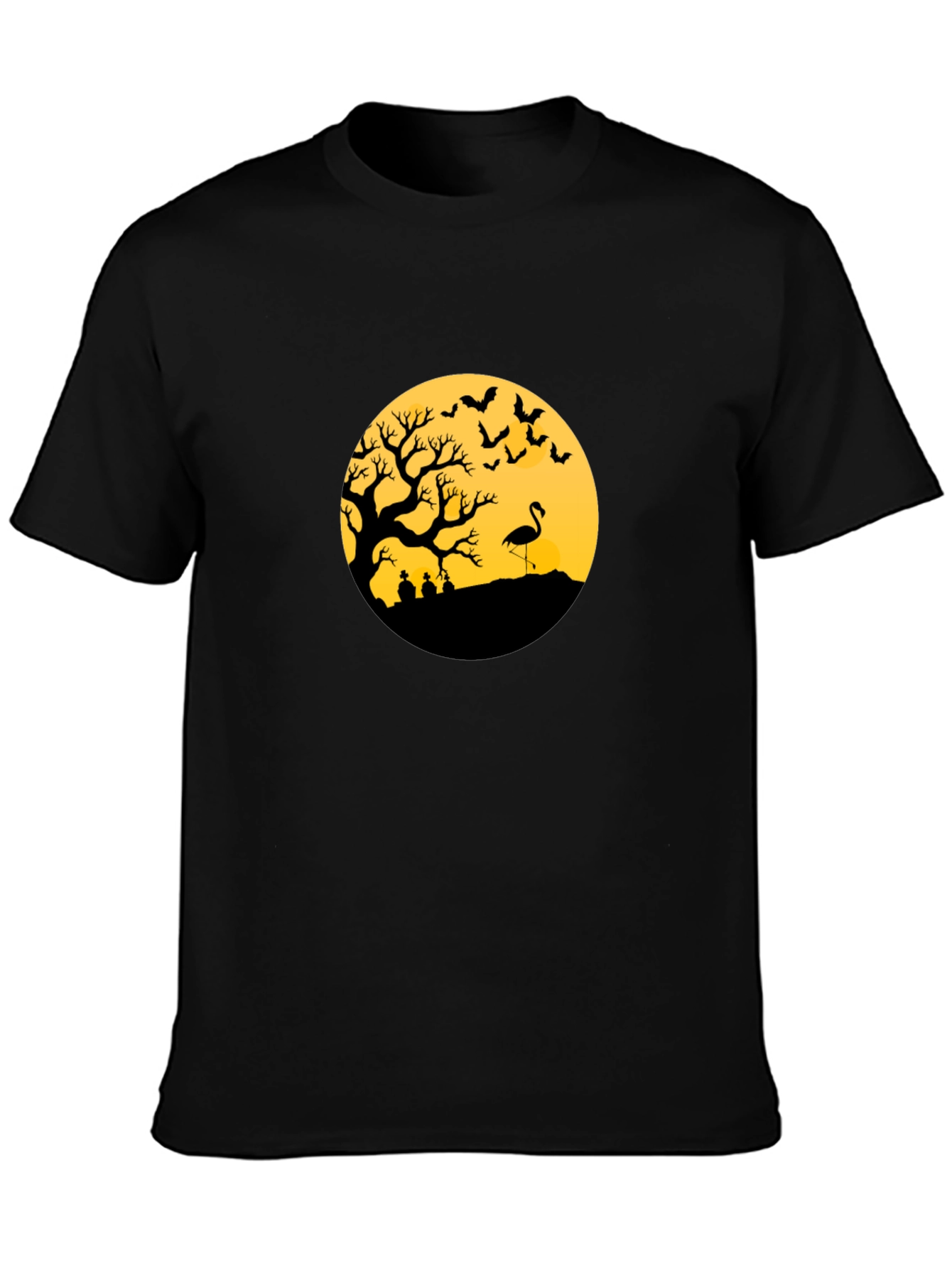 Black Halloween Tree Flamingo Tee view 3