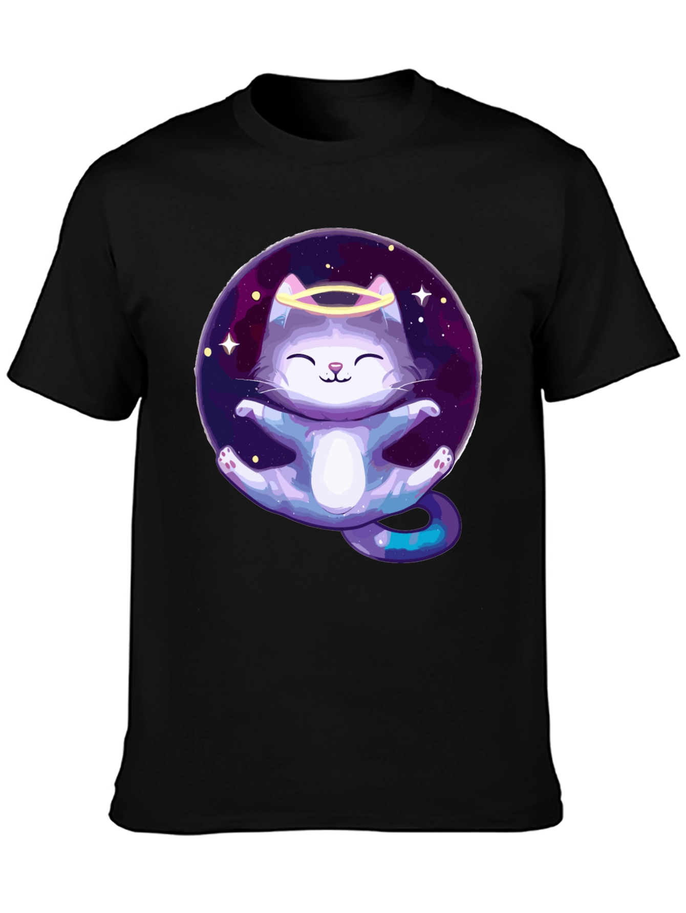 Black Cosmic Cat Angel T-Shirt - Black Cotton Tee view 3